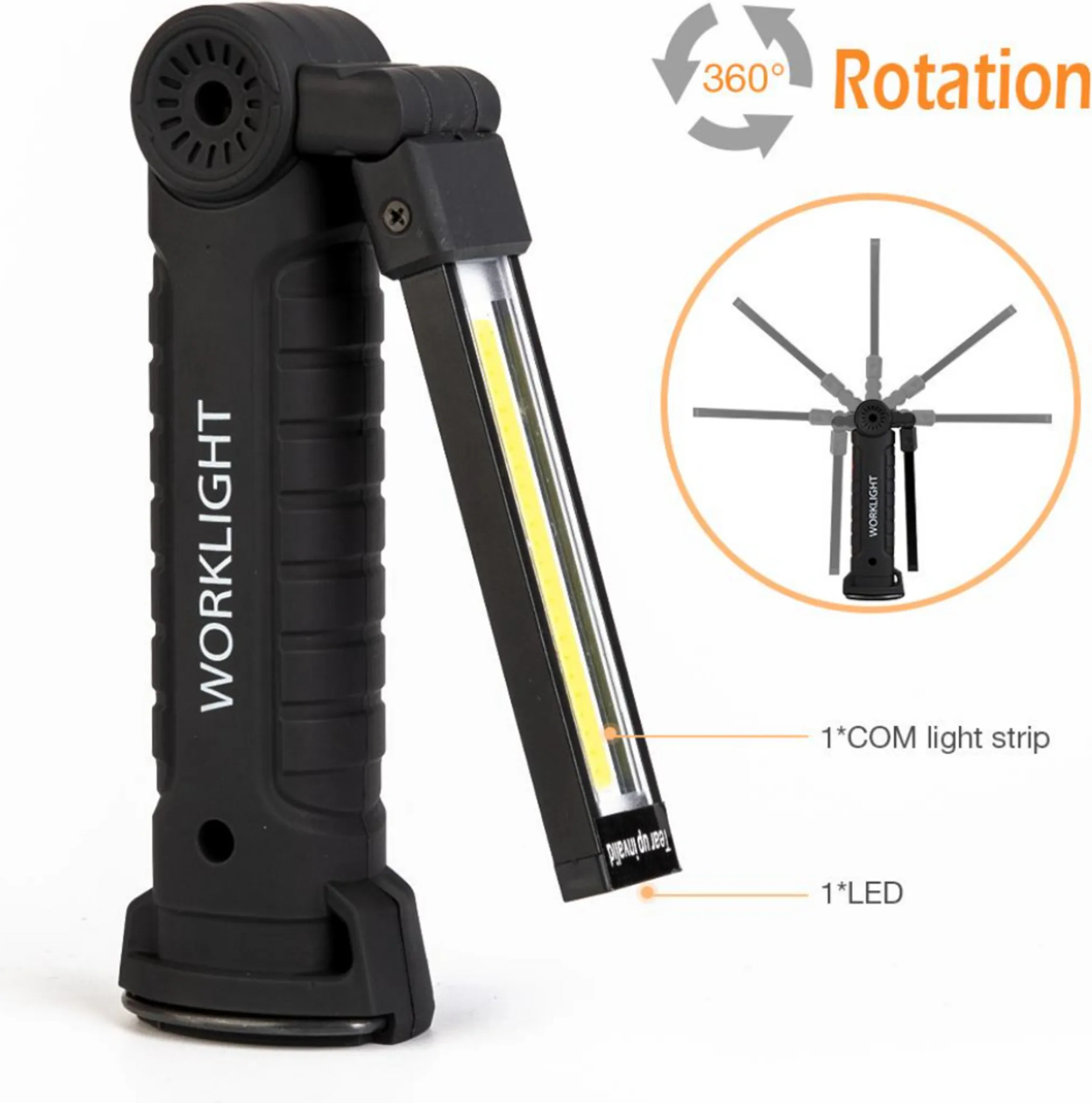 Schwarze Arbeitsleuchte mit drehbarem Kopf und Lichtleiste. Text: WORKLIGHT, 360° Rotation, 1*COM-Lichtleiste, 1*LED.