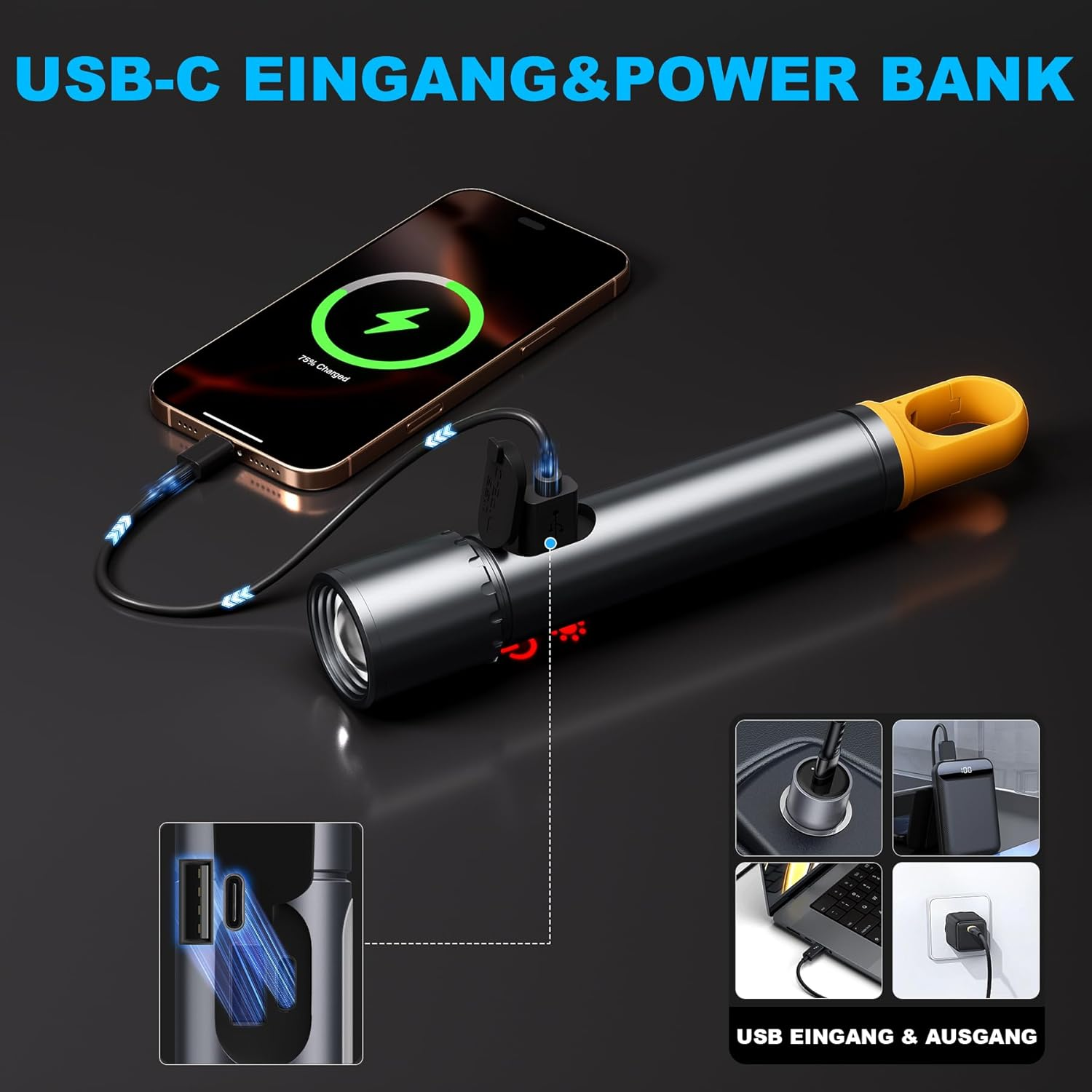 Ein Telefon, das von einer Taschenlampen-Powerbank aufgeladen wird. Das Telefon zeigt 75 % geladen an. Zusätzliche Bilder zeigen USB-Ein-/Ausgang.