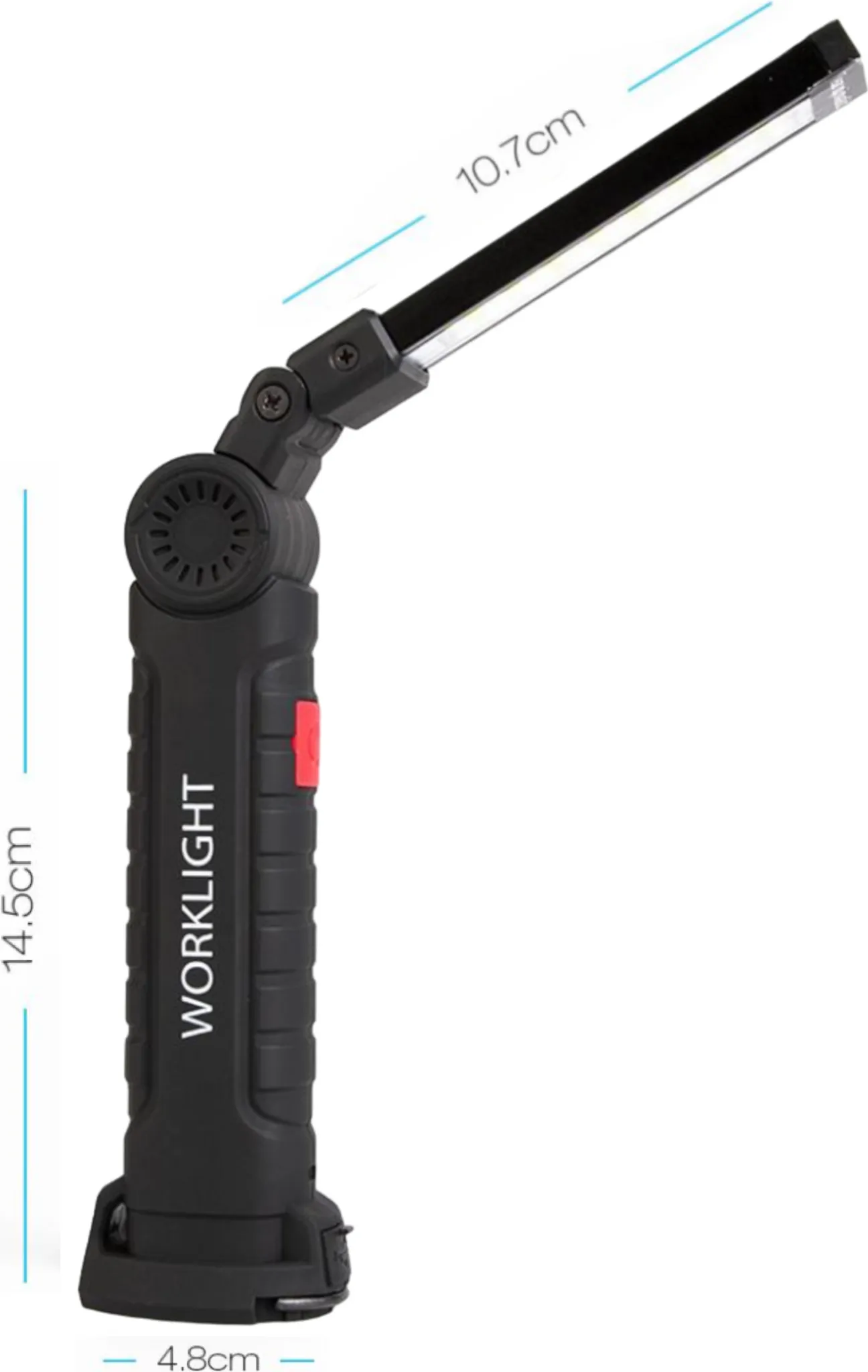 Schwarze Arbeitsleuchte mit rotem Knopf. Das Licht ist abgewinkelt und zeigt den LED-Streifen. Text WORKLIGHT steht drauf.