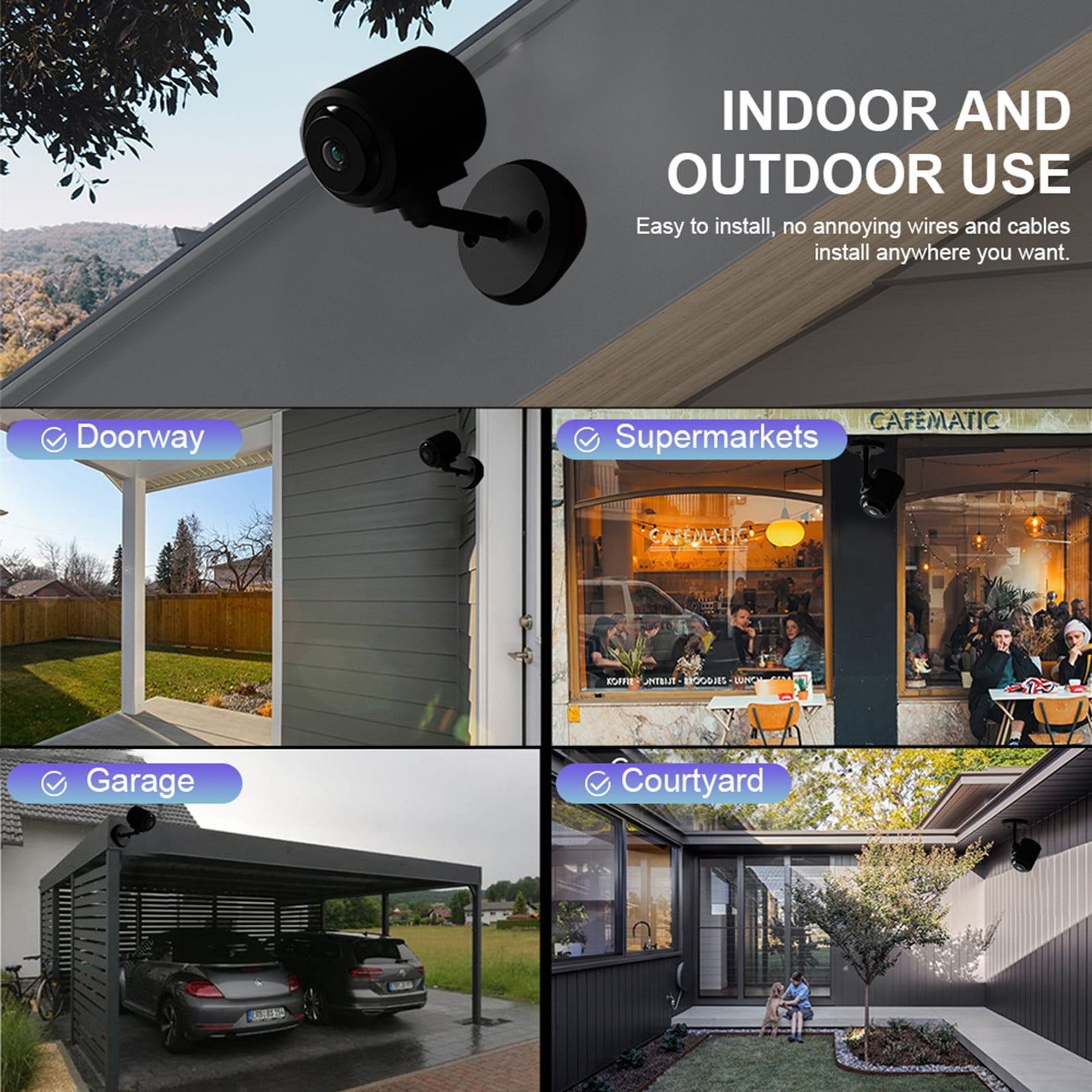 Das Bild zeigt Überwachungskameras in verschiedenen Umgebungen: Tür, Supermarkt, Garage und Innenhof. Text sagt 'Indoor und Outdoor Use'.