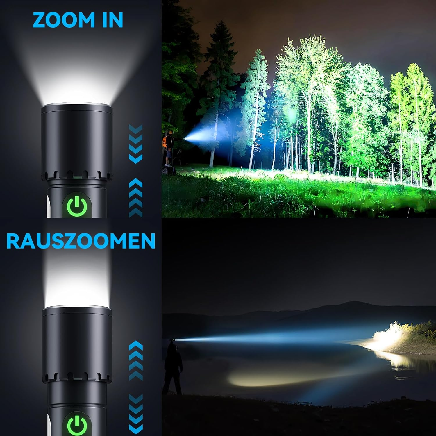 Ein Vergleich von Taschenlampen mit Zoomfunktion. Zwei Szenen: Nachts beleuchteter Wald und eine Person am See bei Nacht.