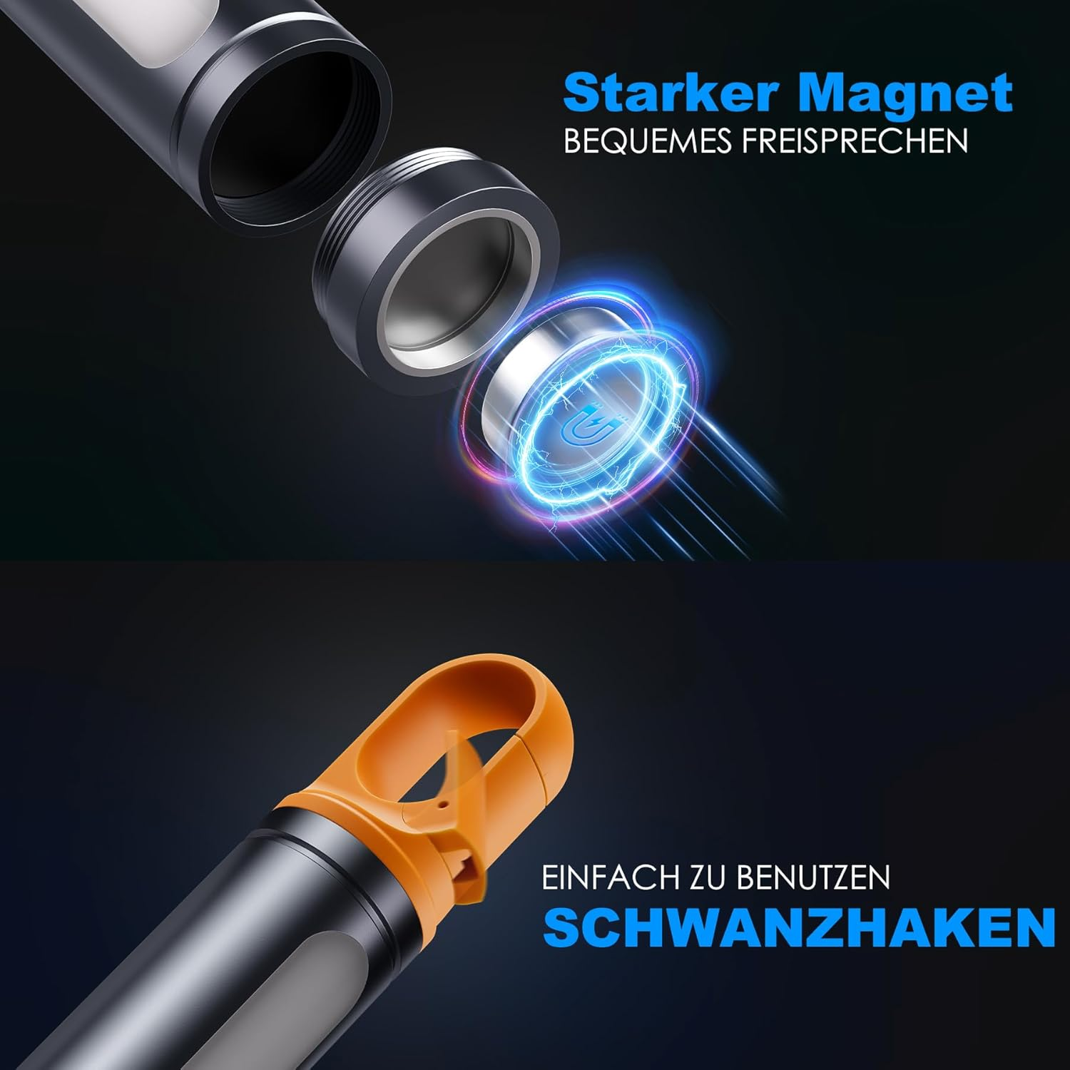 Das Bild zeigt eine schwarze Taschenlampe mit orangefarbenem Haken. Die Komponenten sind getrennt und der Magnet wird hervorgehoben.