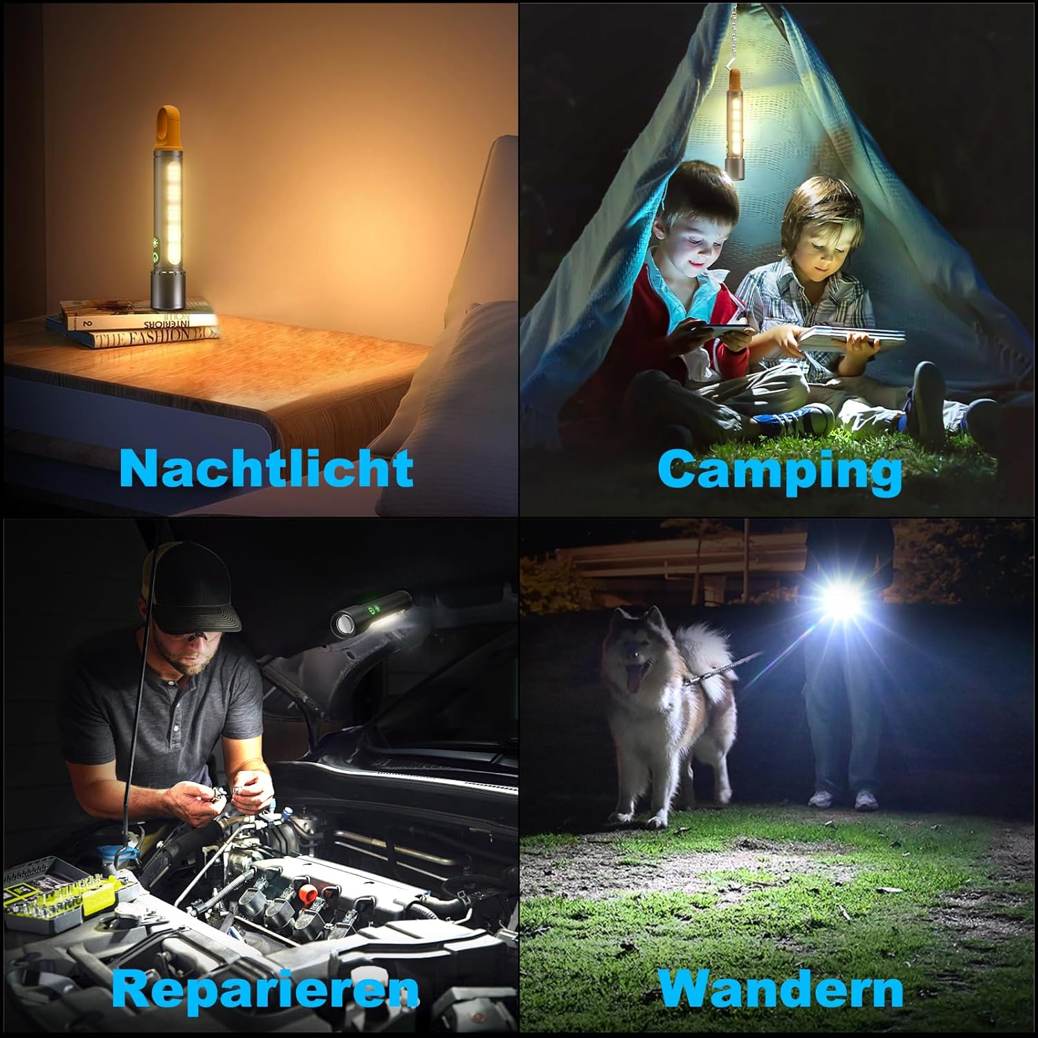 Das Bild zeigt vier Szenarien: eine Lampe auf einem Nachttisch, zwei Jungen in einem Zelt, ein Mann, der ein Auto repariert, und eine Person, die nachts einen Hund ausführt.