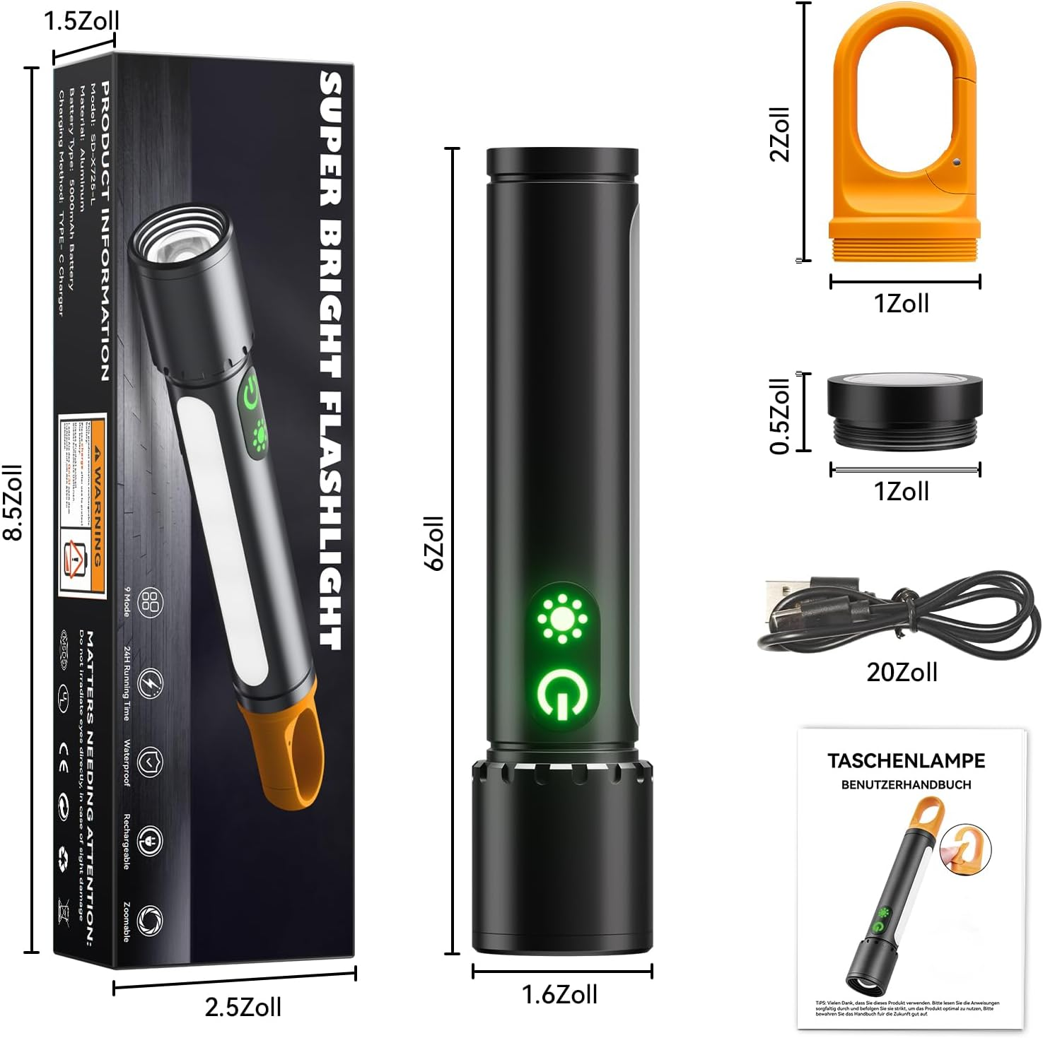 Eine Taschenlampe mit orangefarbenem Griff, eine Box mit Produktinformationen, ein orangefarbener Halter und eine Bedienungsanleitung.