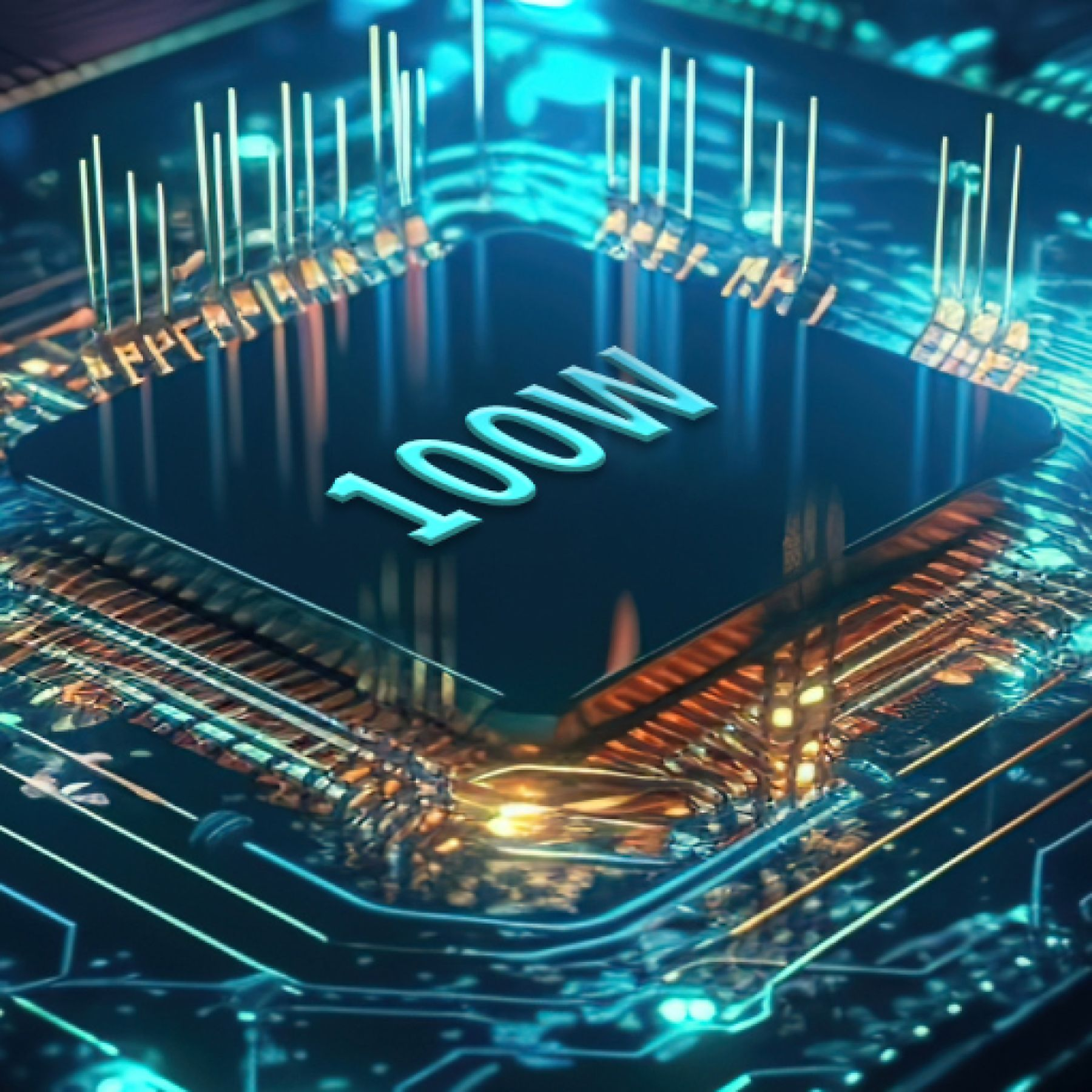 Nahaufnahme eines Computerchips mit dem Text '100W'. Blaue und goldene Linien bilden die Leiterplatte.