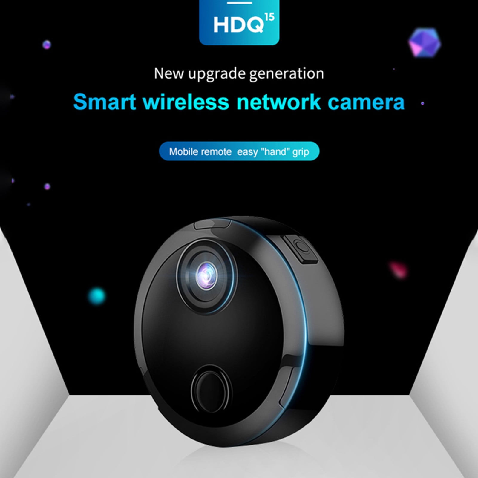 Eine schwarze drahtlose Netzwerkkamera mit Objektiv, Tasten und Text: 'Smart wireless network camera'.