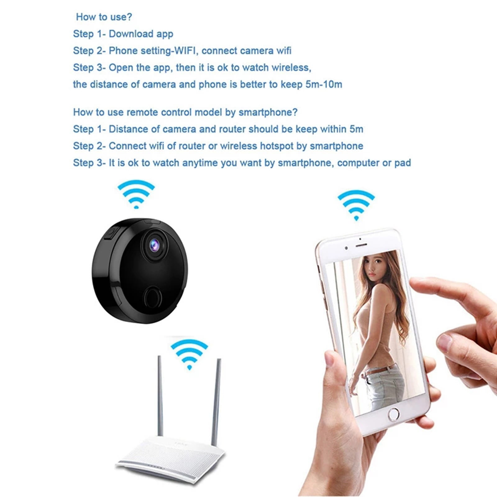 Ein Telefon mit einer Frau, eine kleine Kamera und ein Router mit WLAN-Symbolen, mit Anweisungen.