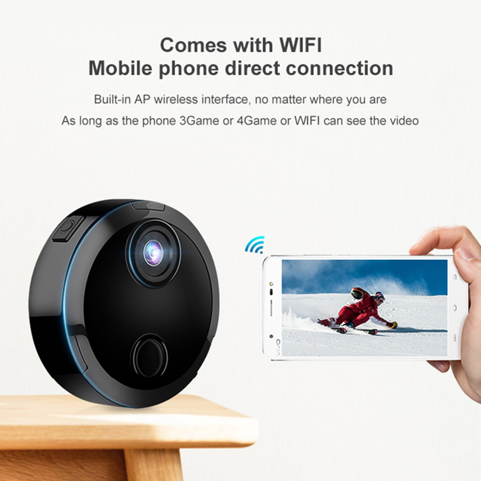 Eine schwarze Kamera und ein Telefon, das einen Skifahrer zeigt. Text: 'Kommt mit WIFI Mobile-Telefon-Direktverbindung'.