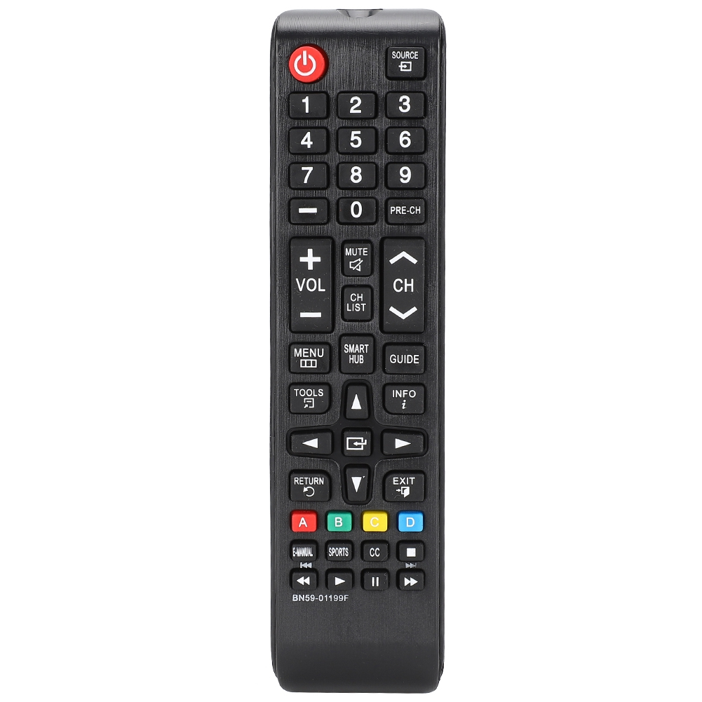 Schwarze TV-Fernbedienung mit Tasten für Zahlen, Lautstärke, Kanäle und verschiedene Funktionen. Oben befindet sich eine rote Ein-/Aus-Taste.