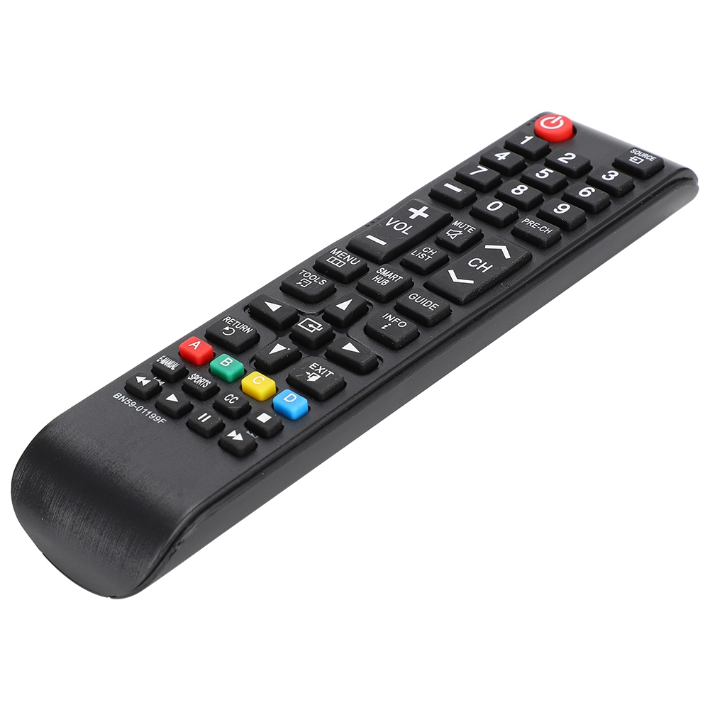 Eine schwarze TV-Fernbedienung mit vielen Tasten. Enthält Zifferntasten, Lautstärke, Kanalsteuerung und Funktionstasten. Die Power-Taste ist rot.