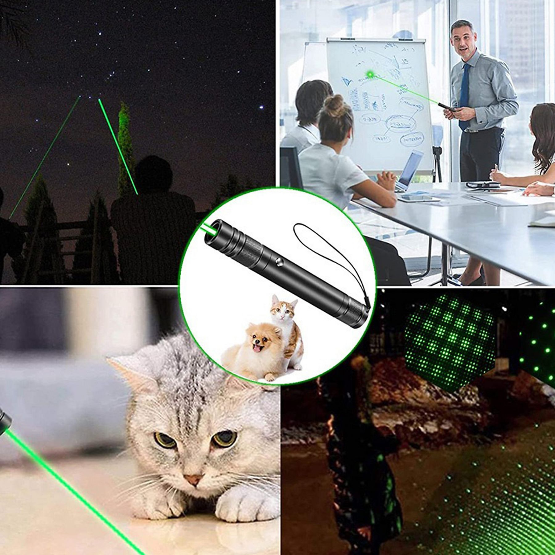 Ein Laserpointer wird in mehreren Szenen gezeigt: auf Sterne, eine Präsentation, Katzen, Hunde und eine Lichtshow.