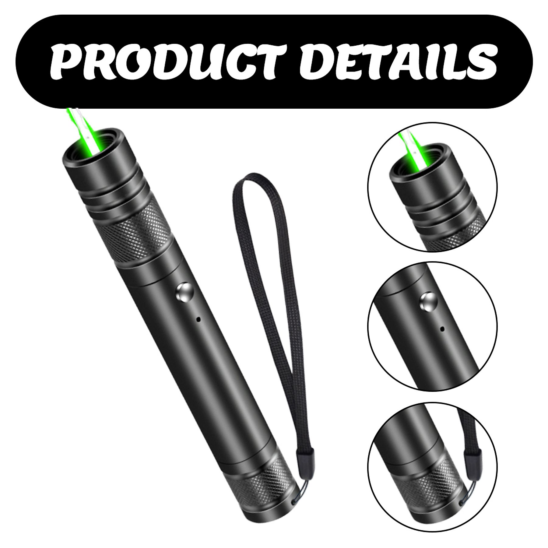 Schwarzer Laserpointer mit grünem Licht, Handschlaufe und Detailaufnahmen. Titel: PRODUKTDETAILS.