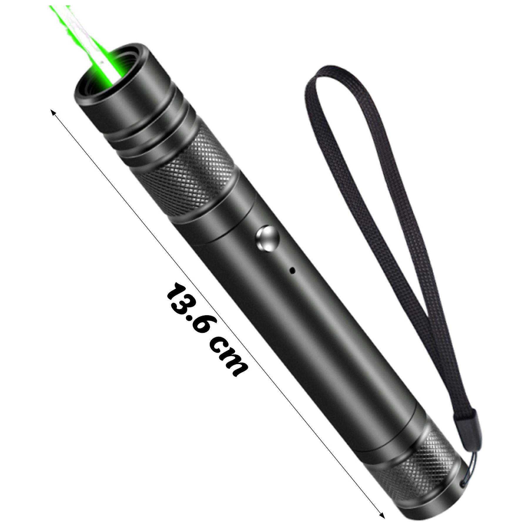 Ein schwarzer Laserpointer mit grünem Strahl, 13,6 cm lang, hat eine schwarze Handschlaufe.