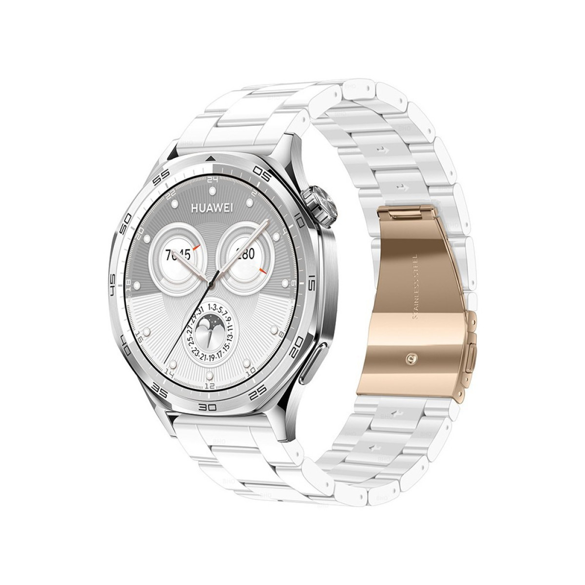 Eine weiße Huawei-Smartwatch mit silberner Lünette und weißem Armband. Der Verschluss ist goldfarben. Das Zifferblatt zeigt die Uhrzeit und das Datum.