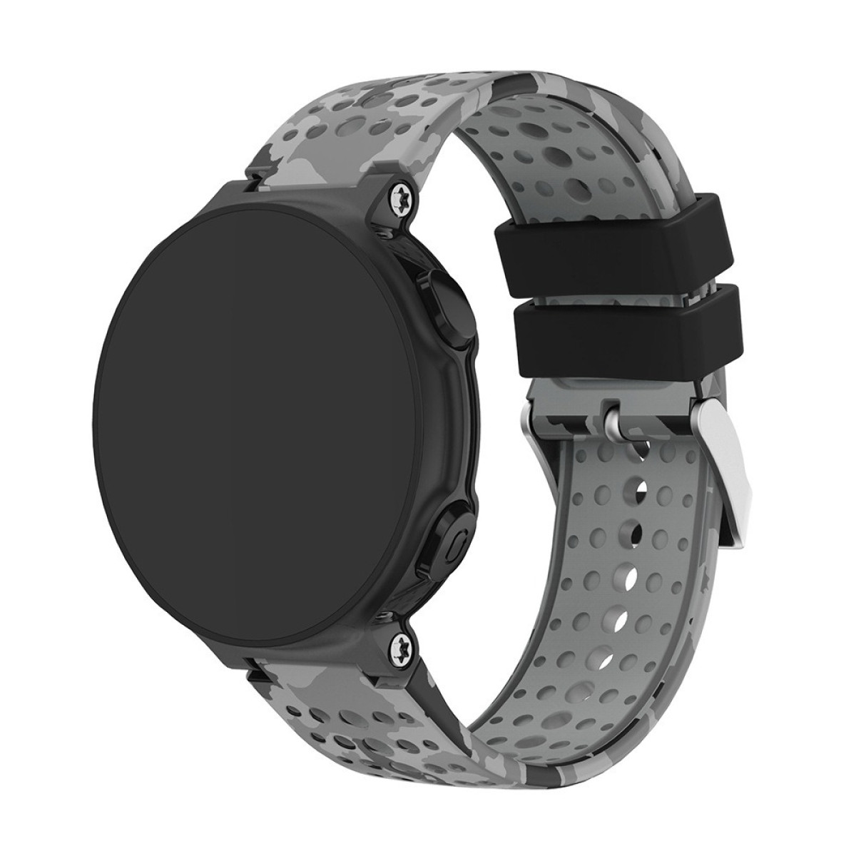 Eine runde Smartwatch mit schwarzem Zifferblatt und grauem Tarnmusterband. Das Band hat Löcher für die Atmungsaktivität.