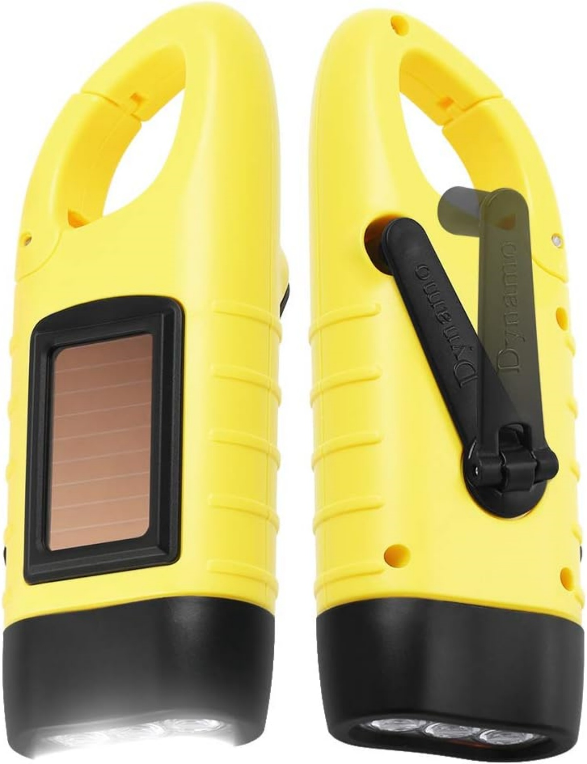 Zwei gelbe Taschenlampen mit schwarzen Basen und Griffen. Eine hat ein Solarpanel, die andere eine Handkurbel mit der Aufschrift 'Dynamo'.