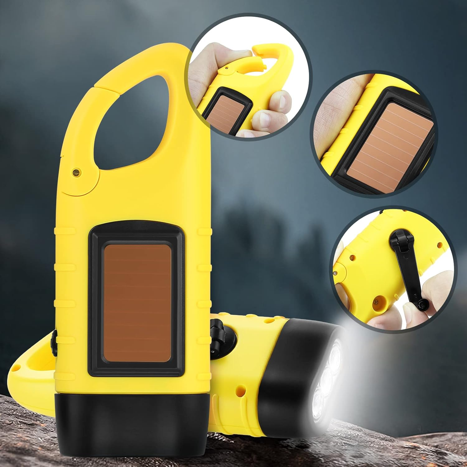 Gelbe Taschenlampe mit Solarpanel und Kurbel. Ausschnitte zeigen Details von Griff, Panel und Kurbelmechanismus. Helles Licht.