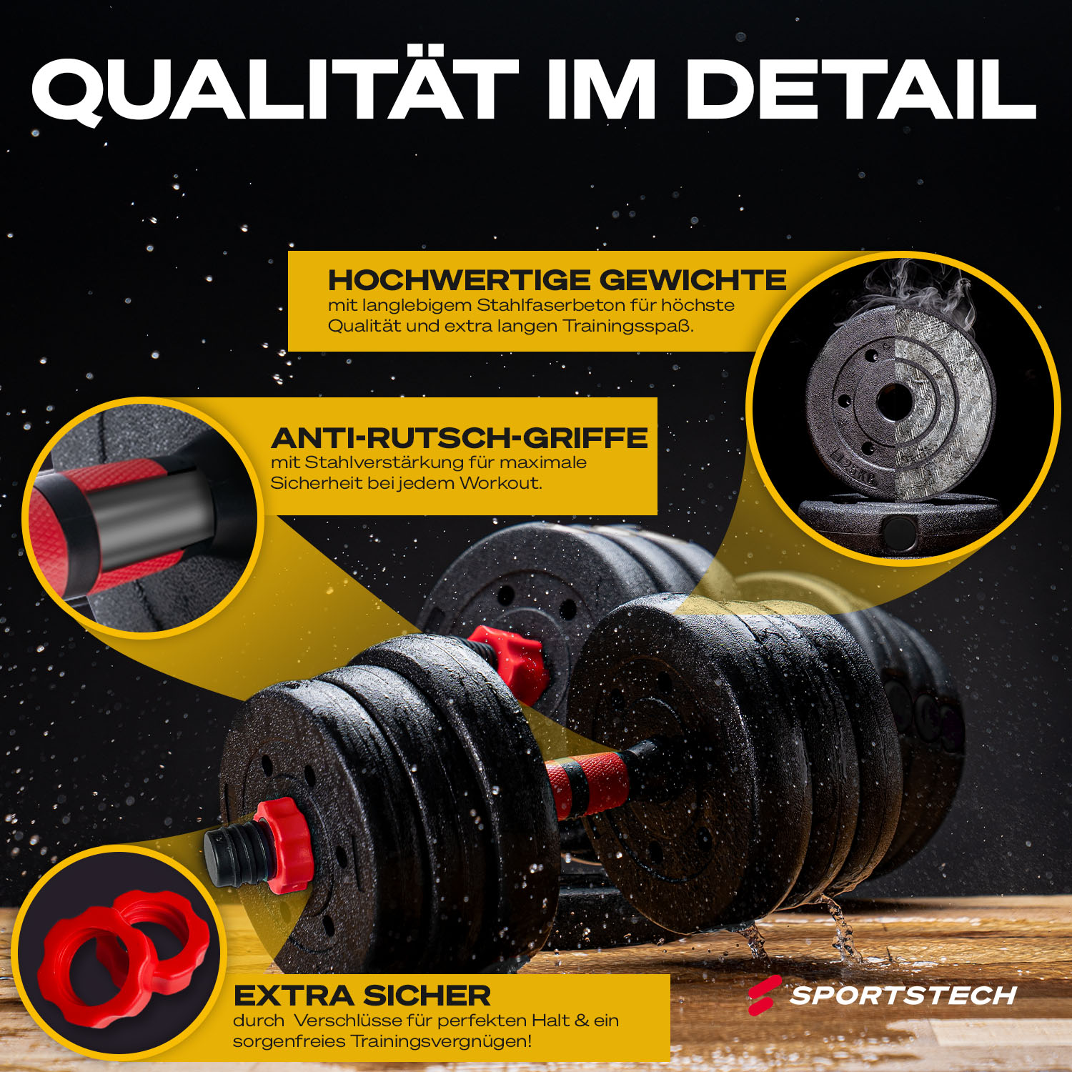 Das Bild zeigt eine schwarze Hantel mit roten Akzenten. Der Text hebt Merkmale wie hochwertige Gewichte und rutschfeste Griffe hervor.