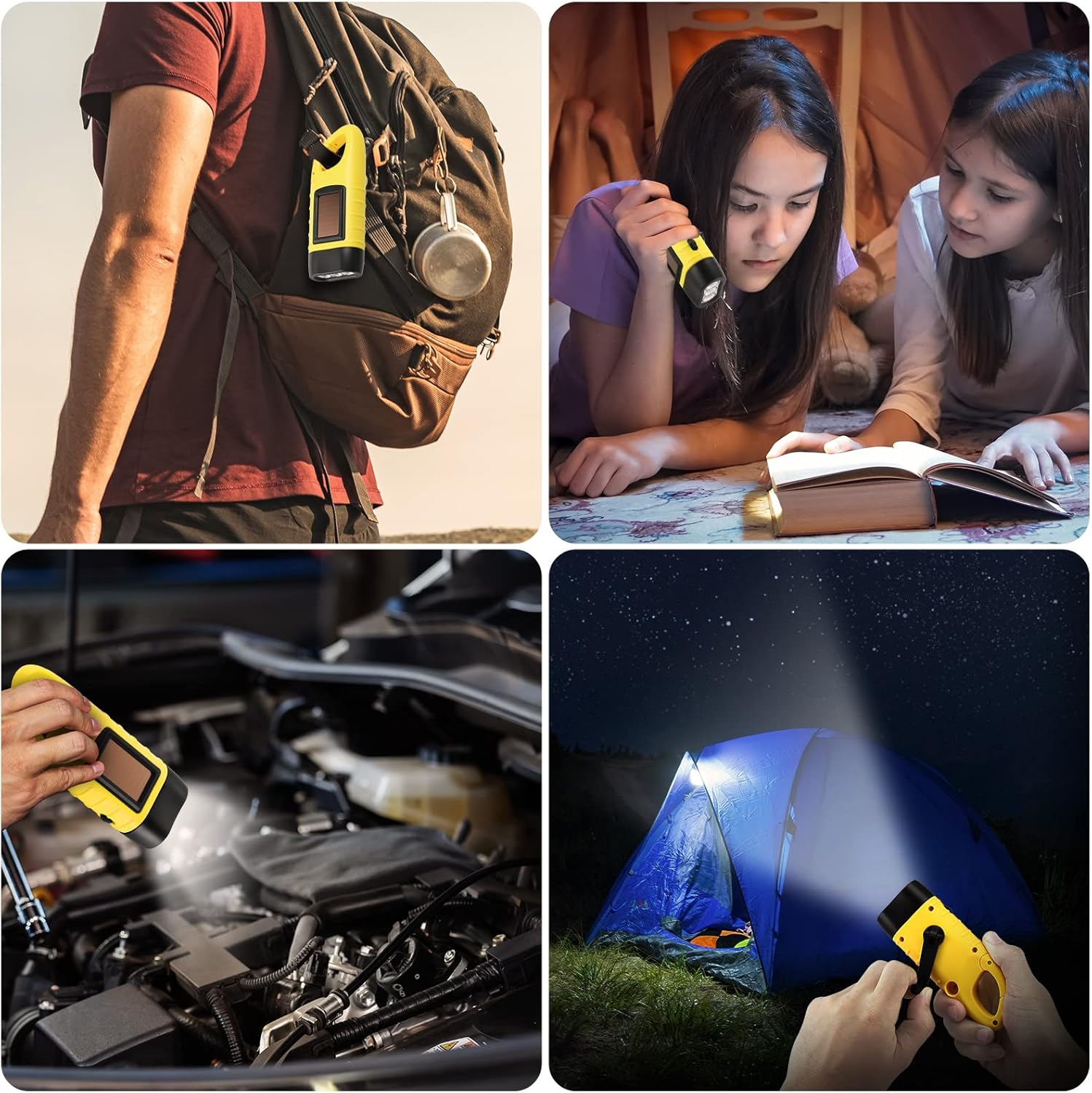 Das Bild zeigt vier Szenarien mit einer gelben Taschenlampe: an einem Rucksack, von Mädchen beim Lesen benutzt, in einem Automotor und in der Nähe eines Zeltes.