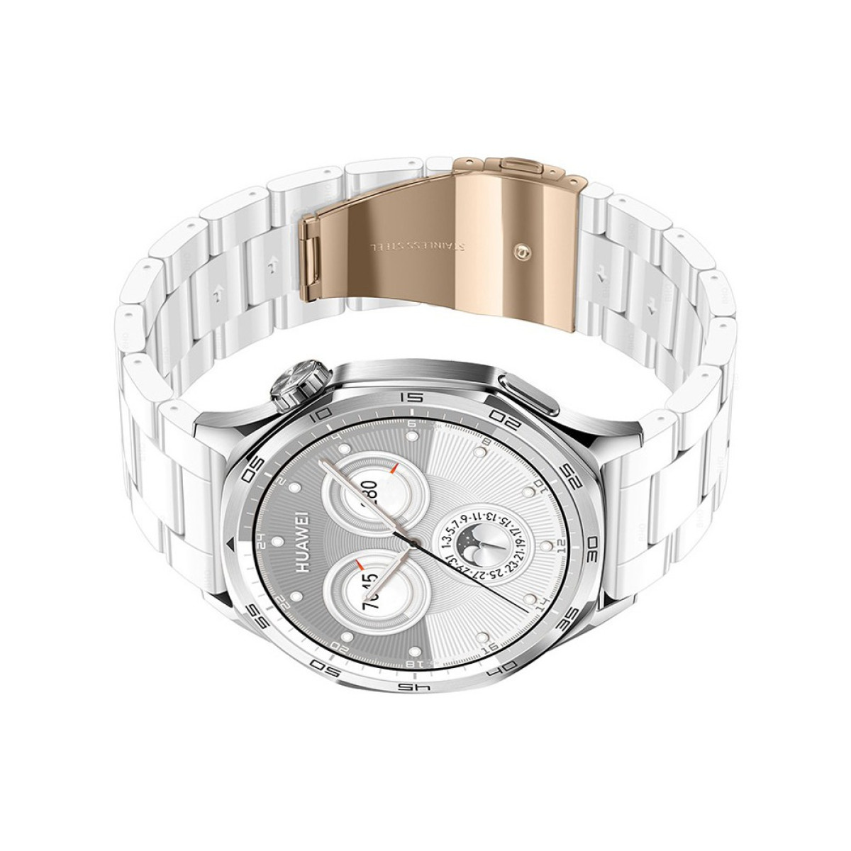 Een witte smartwatch met een zilveren wijzerplaat en witte band. De sluiting is goudkleurig. Het horloge toont cijfers en een Huawei-logo.