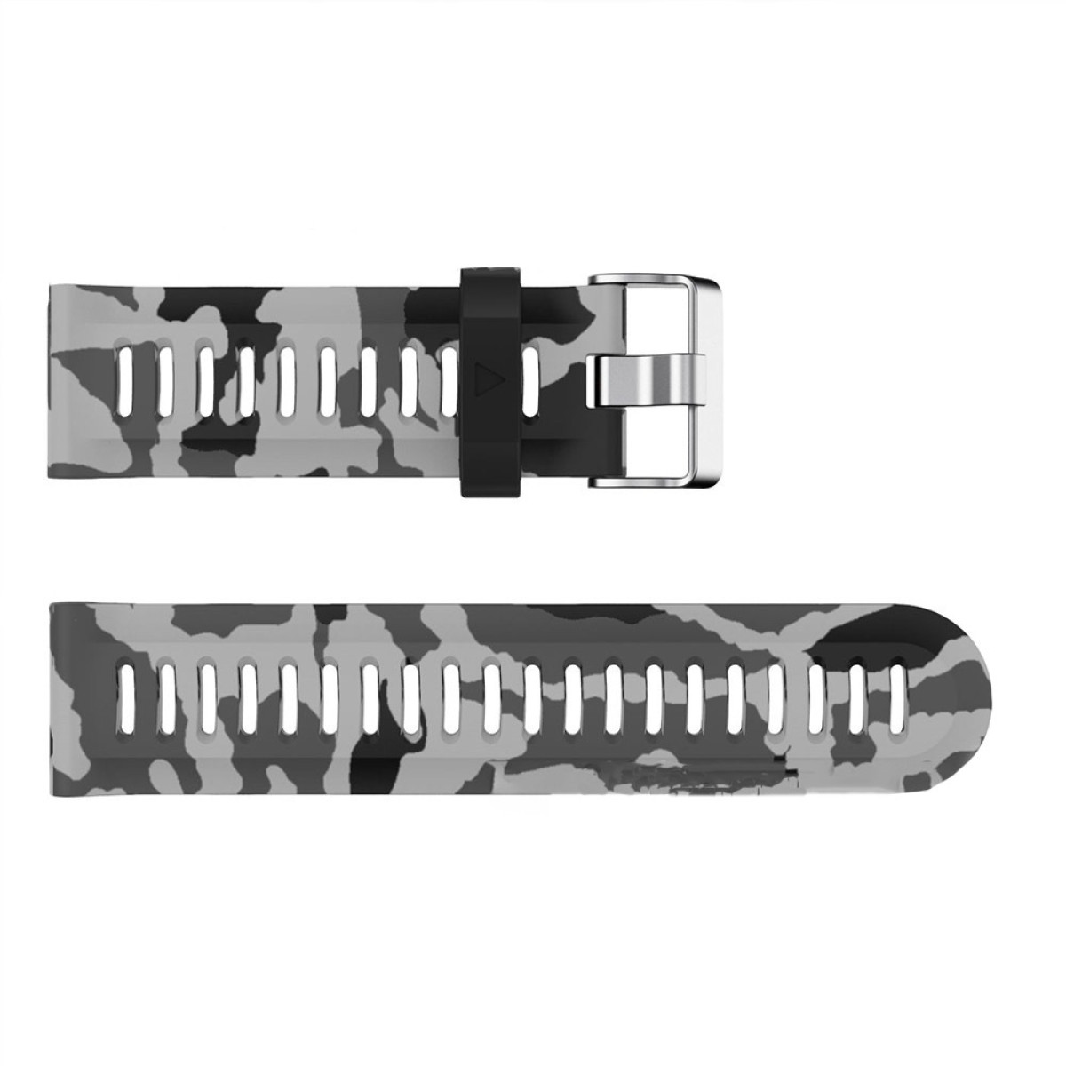 Zwei Armbänder mit Tarnmuster in Grau und Schwarz. Ein Armband hat eine Metallschnalle und eine schwarze Schlaufe.