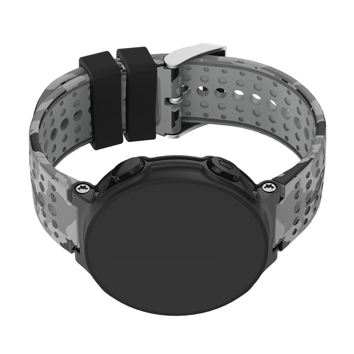 Eine runde schwarze Smartwatch mit grauem Tarnmuster-Armband. Das Armband hat Löcher. Die Schnalle ist silberfarben und die Halter sind schwarz.