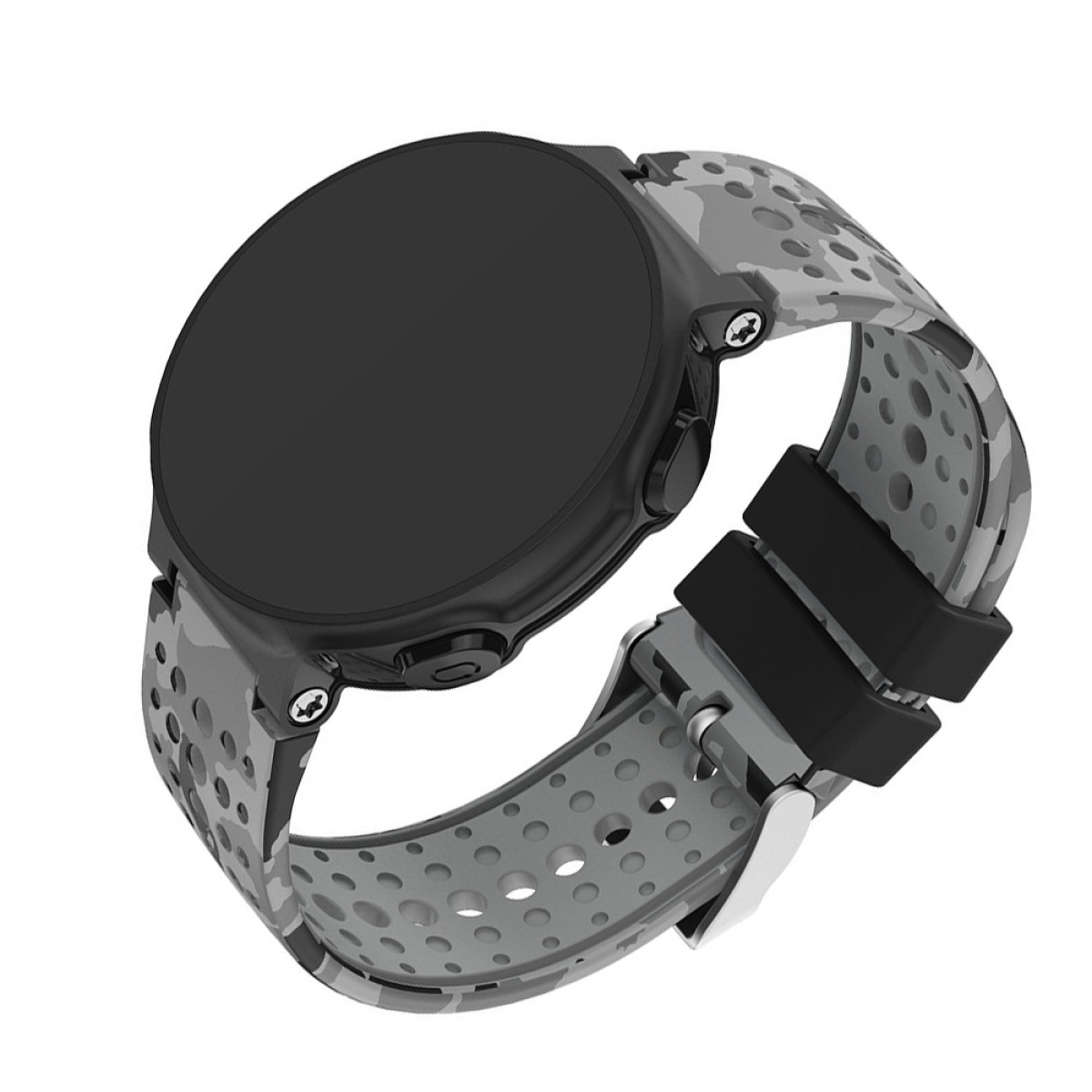 Eine runde Smartwatch mit schwarzem Bildschirm und grauem Tarnarmband. Das Armband hat Löcher und eine silberne Schnalle.