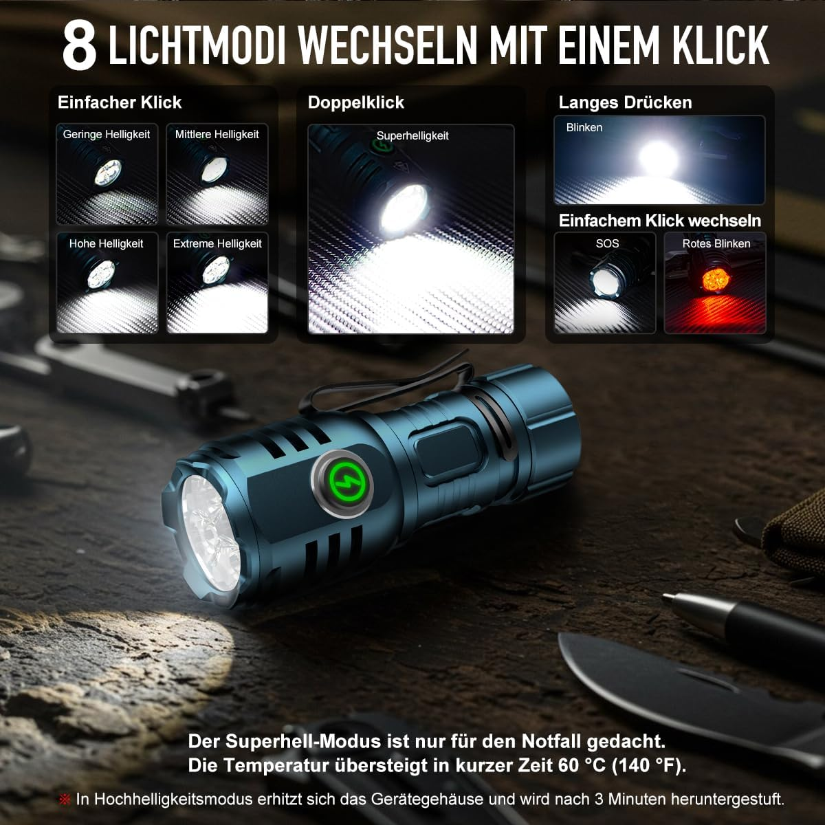 Eine blaue Taschenlampe mit Lichtmodi. Sie zeigt verschiedene Helligkeitsstufen und Notfallmodi.