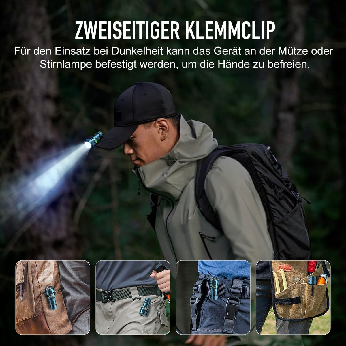 Mann mit Taschenlampe auf der Kappe im Wald. Vier kleinere Bilder zeigen die Taschenlampe an Kleidung oder Taschen.