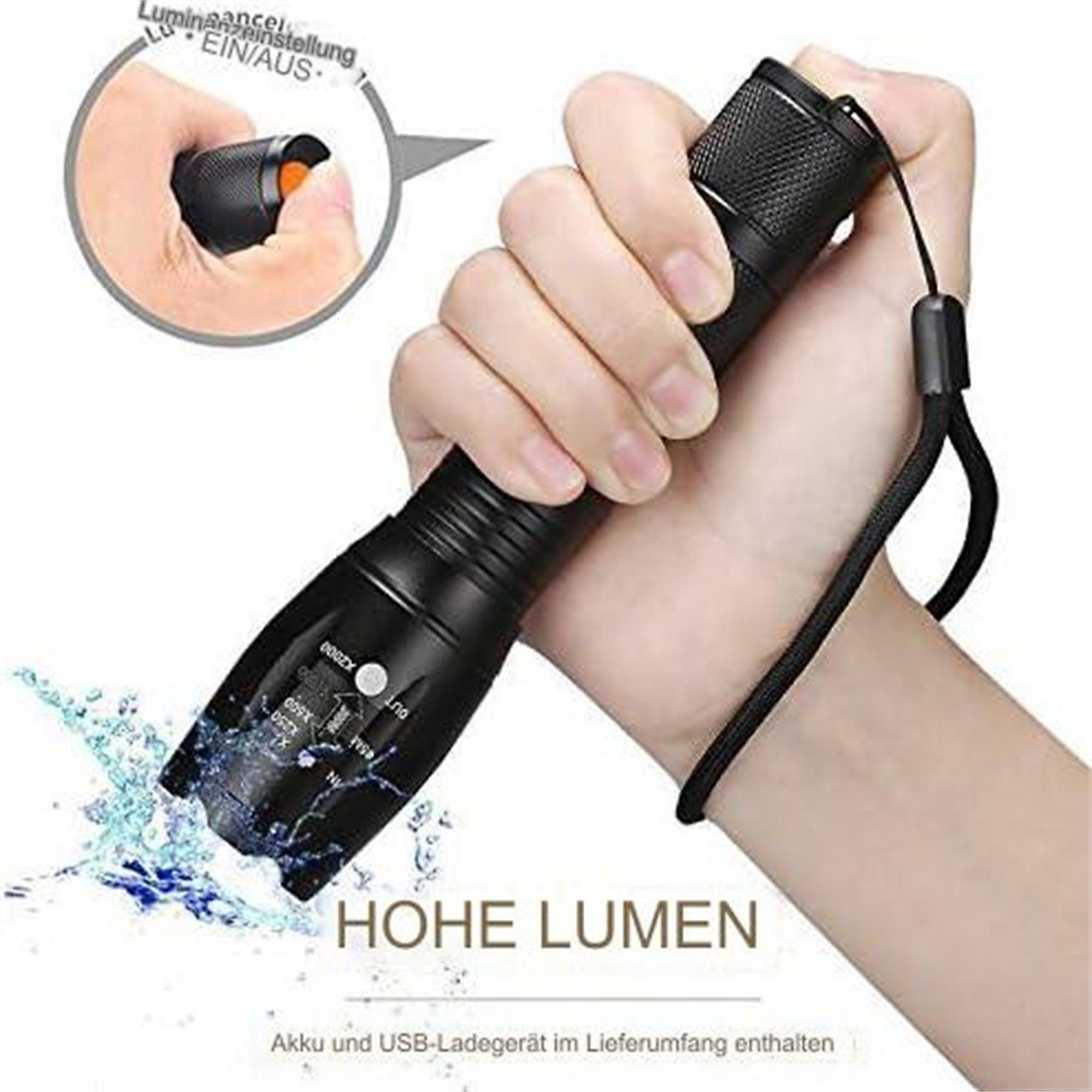 Eine Hand hält eine schwarze Taschenlampe. Text sagt 'HOHE LUMEN'. Eine Nahaufnahme zeigt den Ein-/Ausschalter.