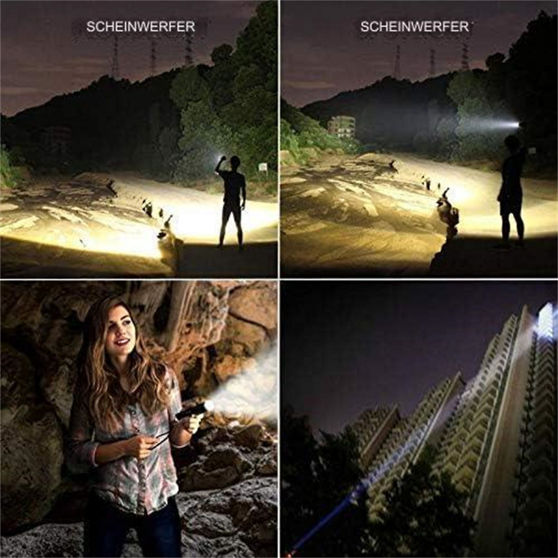Das Bild zeigt Menschen, die in dunklen Umgebungen Taschenlampen benutzen. Eine Frau benutzt auch eine Taschenlampe in einer Höhle.