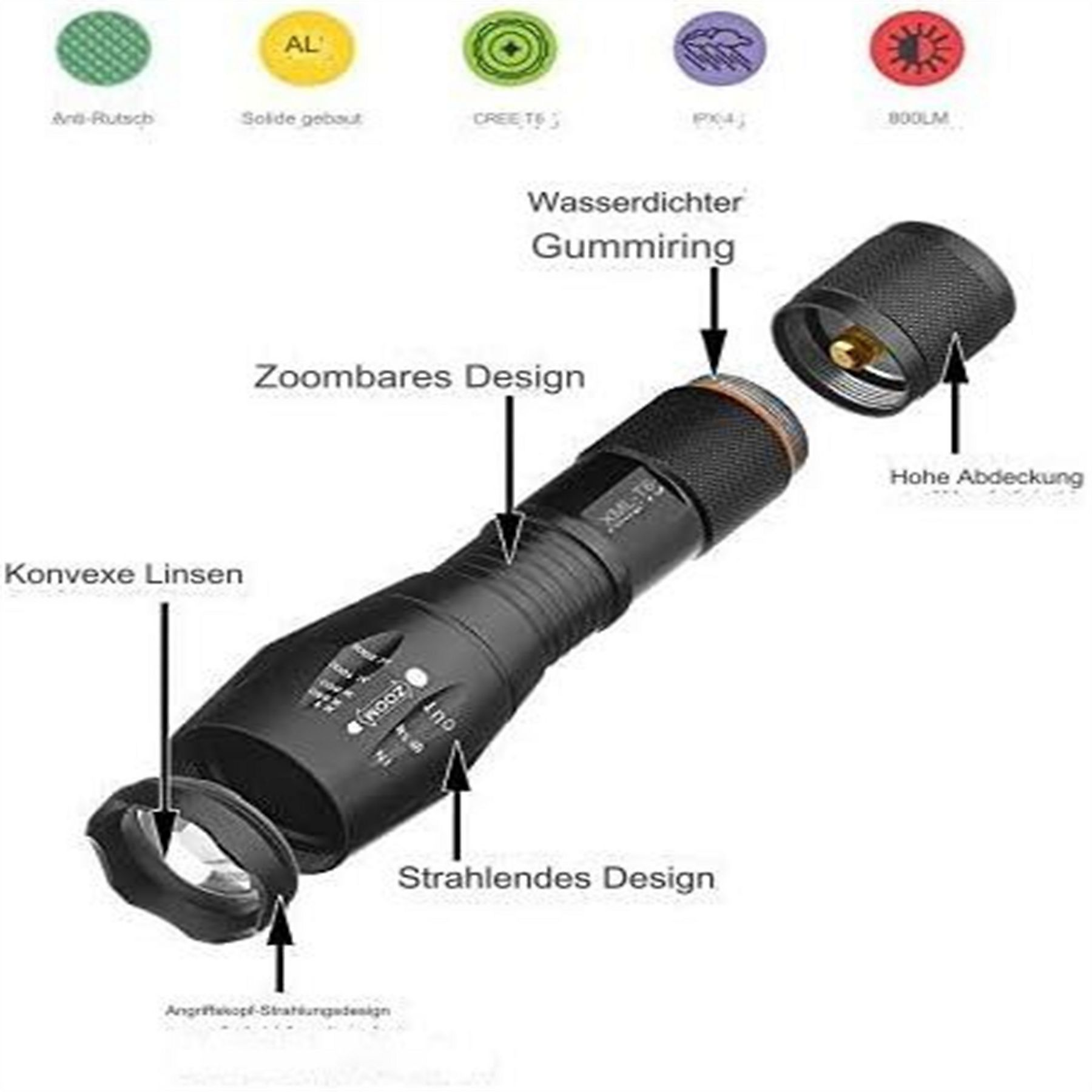 Diagramm einer Taschenlampe mit deutschen Beschriftungen. Zeigt Zoom, wasserdichte Dichtung und weitere Merkmale.