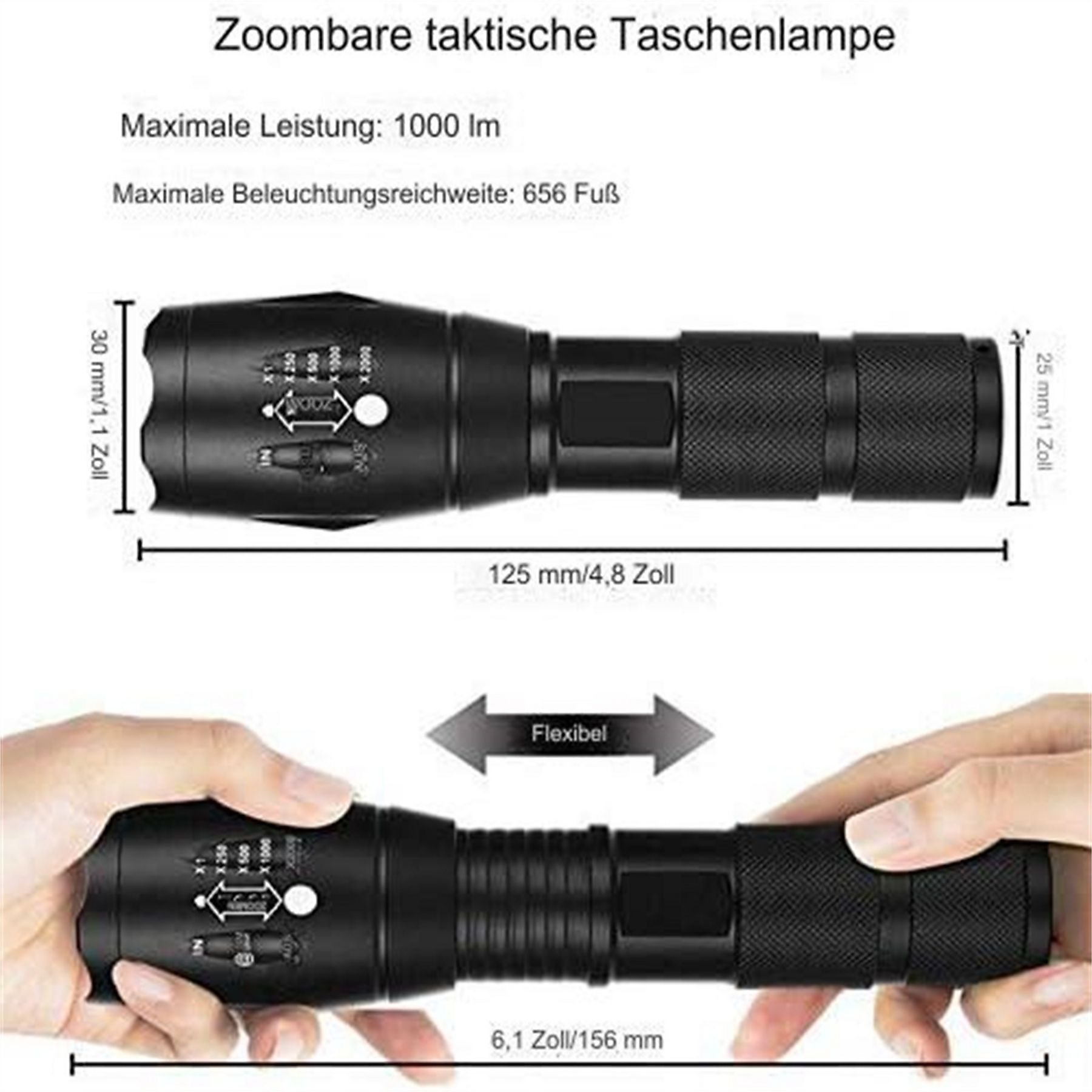 Schwarze taktische Taschenlampe mit Zoom und Maßen in Deutsch und Zoll. Von Händen gehalten.
