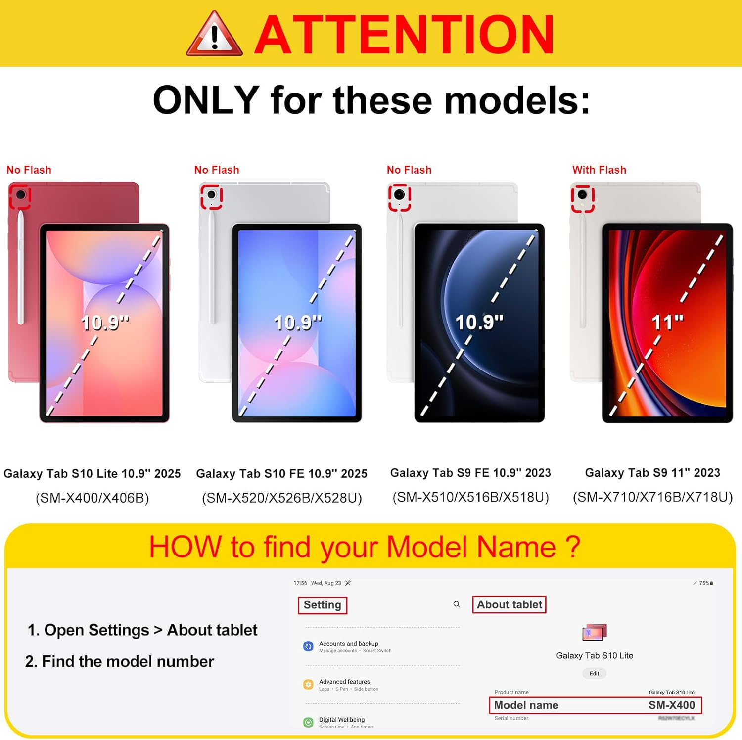 Das Bild zeigt Tablets und Anweisungen zum Auffinden des Modellnamens. Es hebt kompatible Modelle wie das Galaxy Tab S10 Lite hervor.