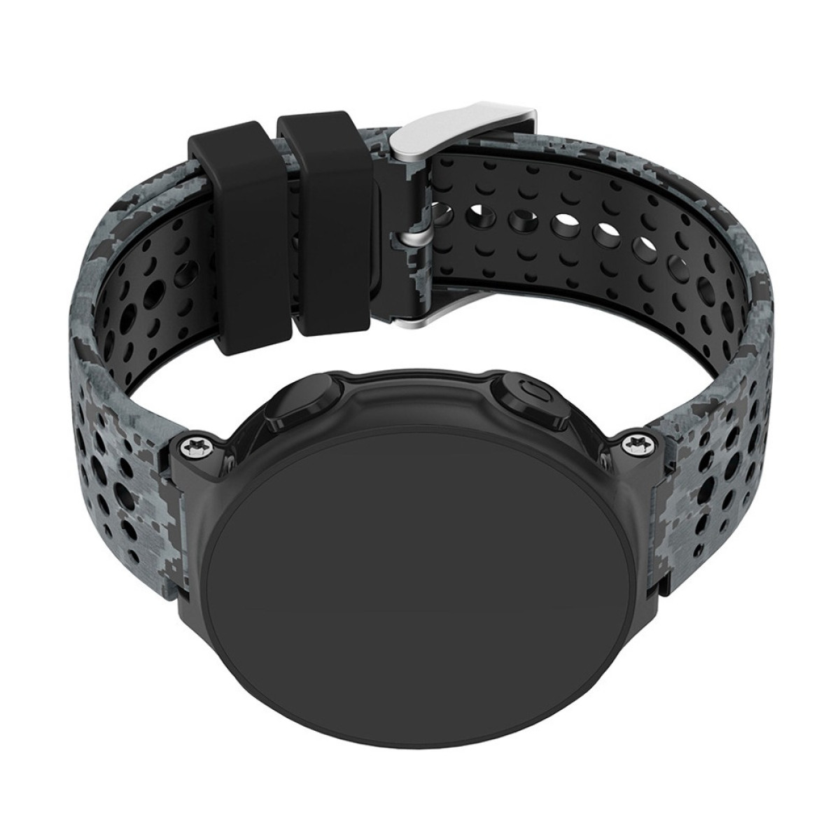 Reloj inteligente negro con correa de camuflaje. El reloj tiene una esfera redonda con dos botones. La correa está perforada.