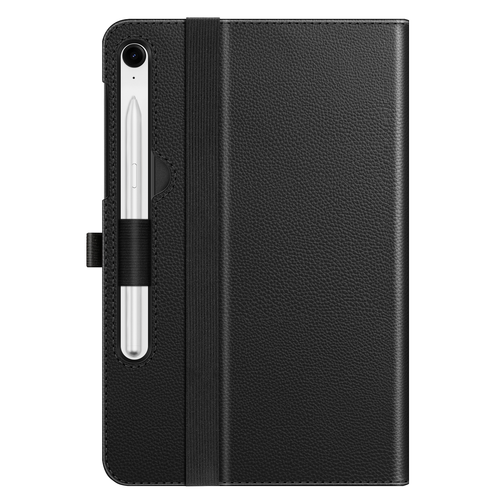 Schwarze Tablet-Hülle aus Leder mit Gummiband, Stifthalter und silbernem Stift. Die Hülle ist geschlossen.