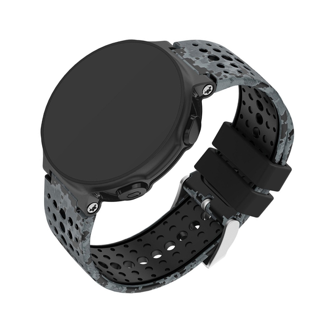 Primer plano de un reloj inteligente. Tiene una pantalla redonda negra, una correa gris camuflaje y una hebilla negra. El fondo es blanco.