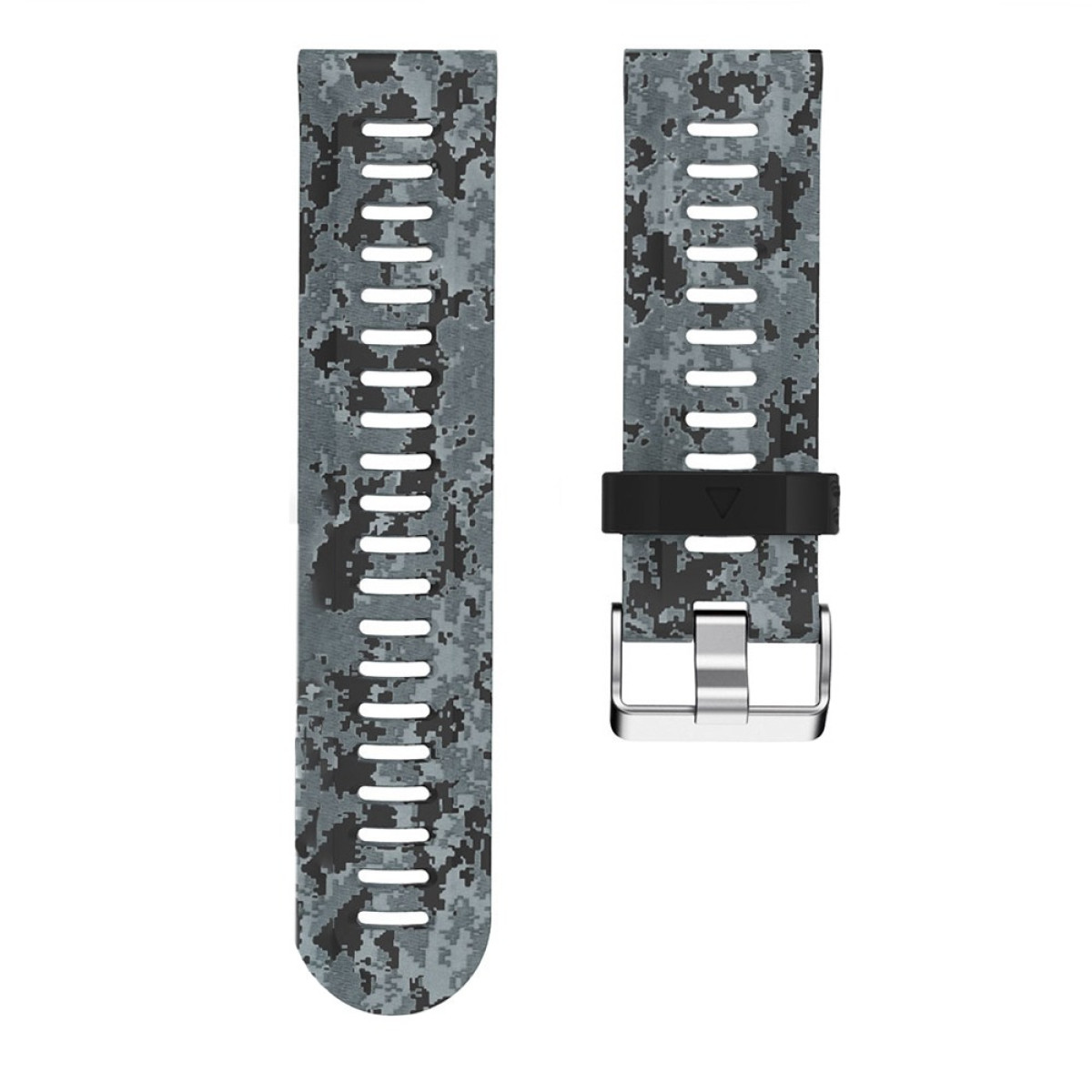 Dos correas de reloj con patrón de camuflaje digital, gris y negro. Una correa tiene agujeros, la otra tiene un cierre negro y una hebilla plateada.