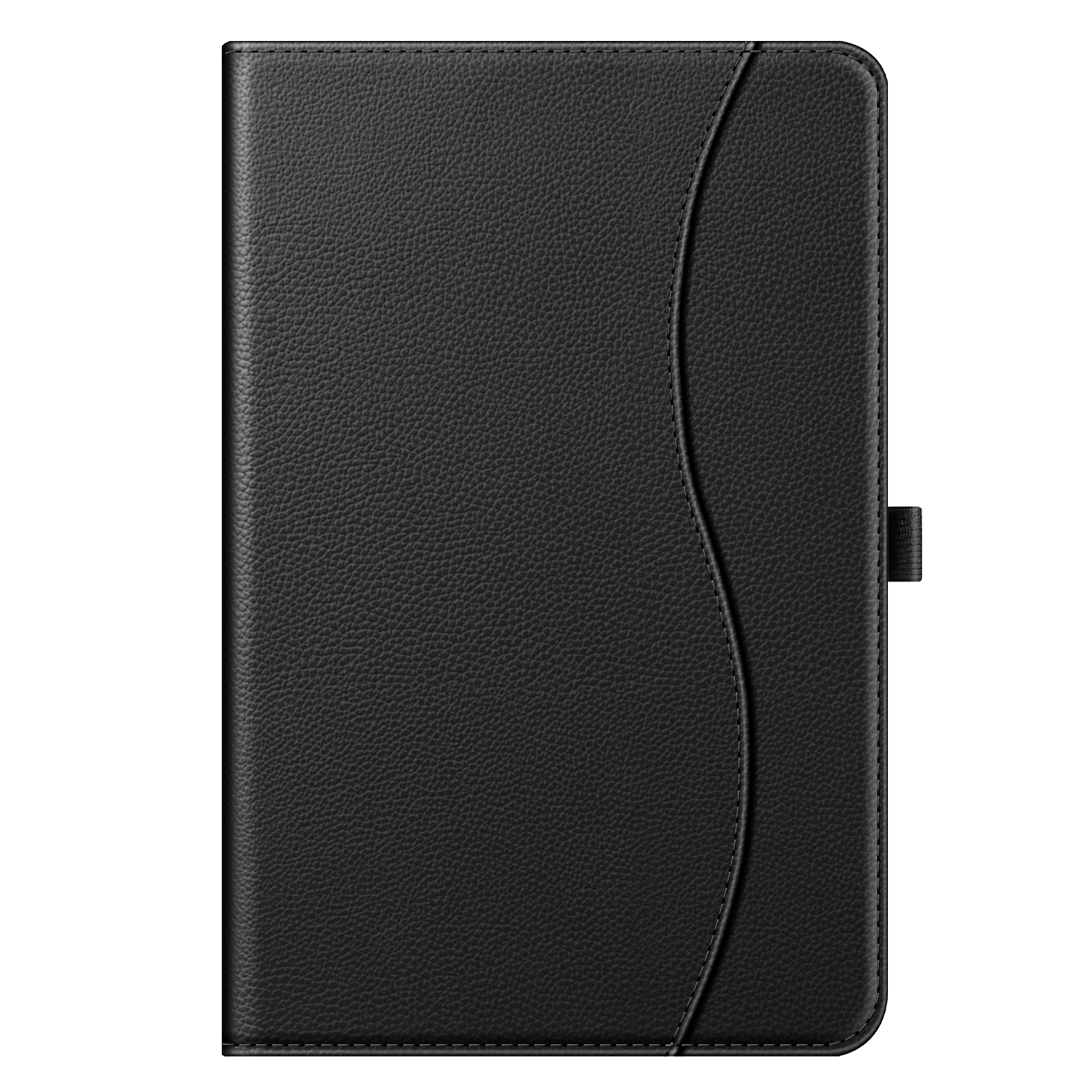 Eine schwarze Tablet-Hülle aus Leder mit strukturierter Oberfläche, geschwungenen Nähten und einem Verschluss.