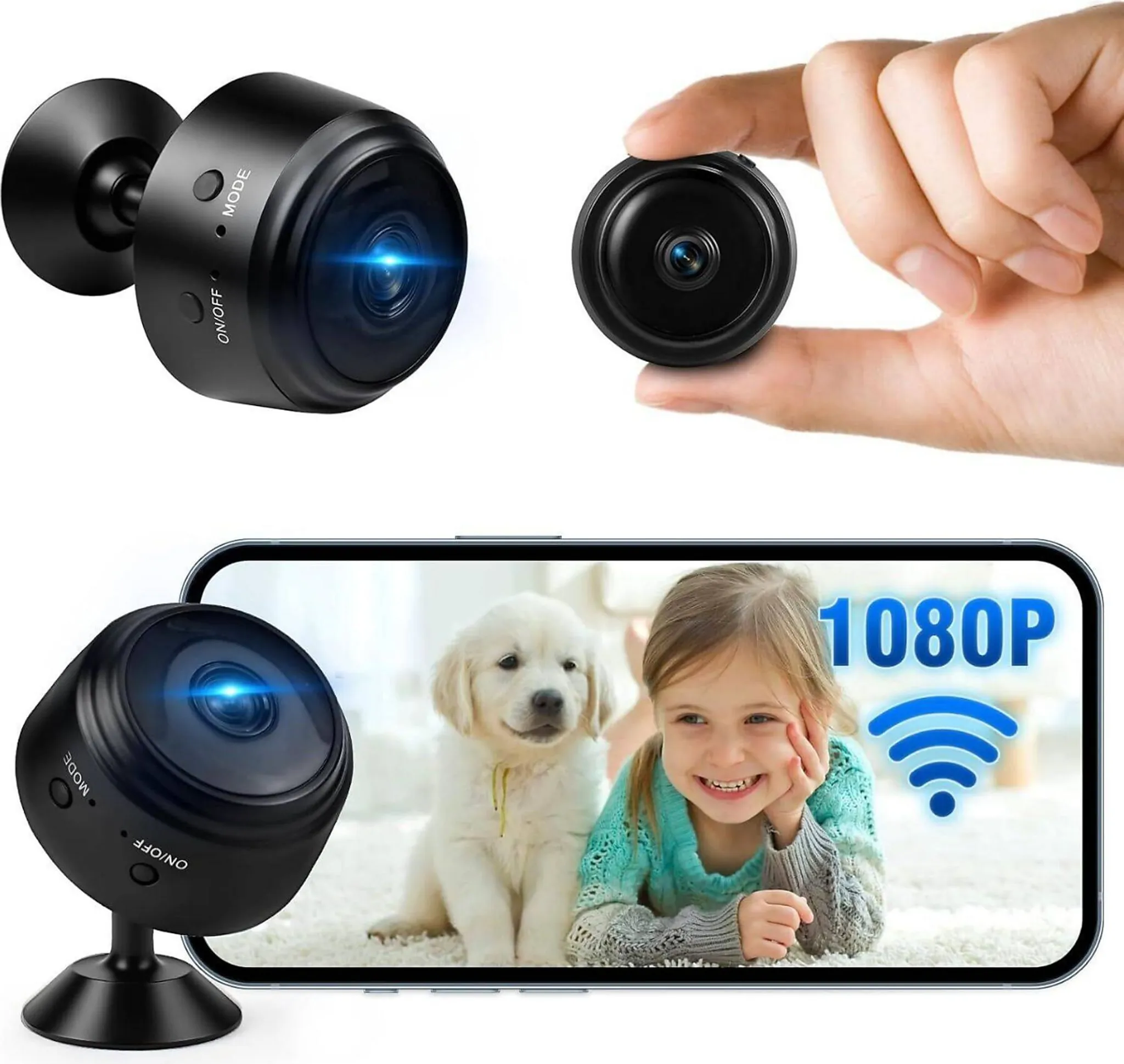 Schwarze Mini-Kamera, gehalten von einer Hand. Das Display zeigt ein Mädchen, einen Welpen und ein 1080P-WLAN-Signal.
