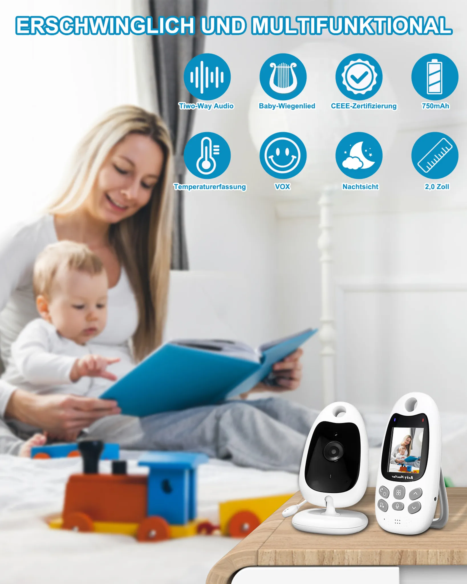 Eine Frau liest einem Baby vor. Symbole für Funktionen umgeben sie. Babyphone steht auf einem Tisch.