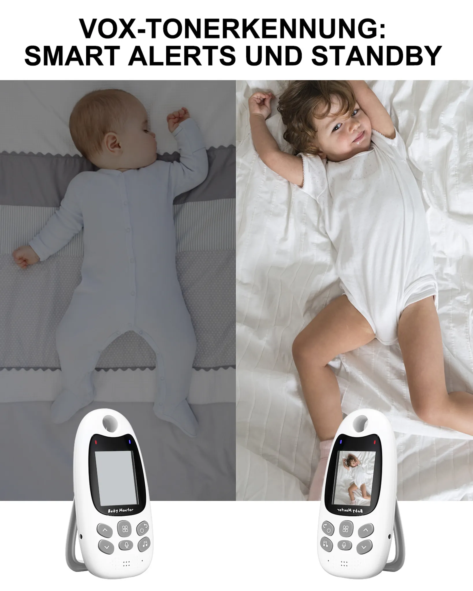 Das Bild zeigt zwei Babys mit Babyphone. Eines schläft, das andere lächelt. Die Monitore zeigen die Babys.
