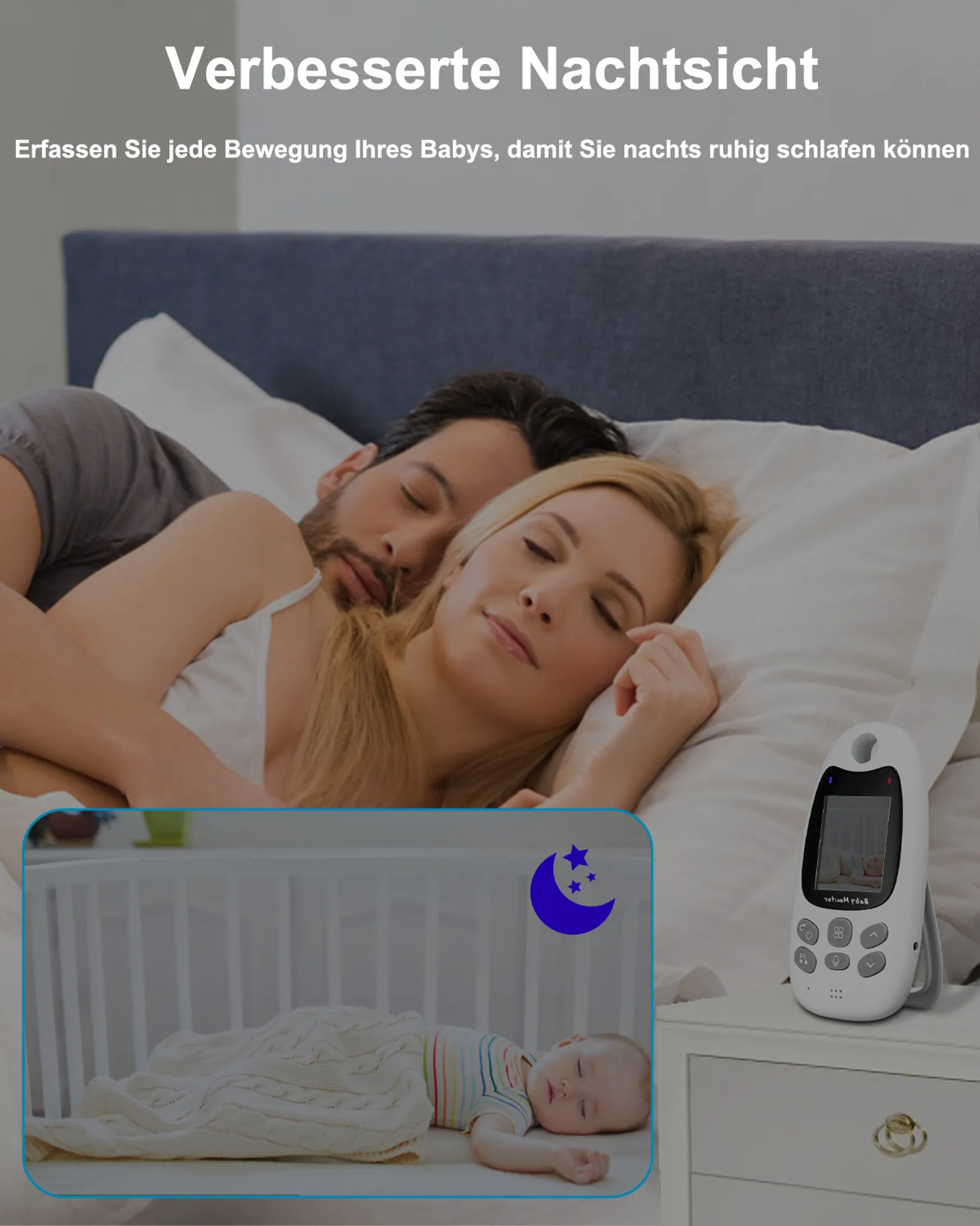 Ein schlafendes Paar im Bett. Ein Babyphone zeigt ein schlafendes Baby. Ein Babybett mit einem schlafenden Baby.