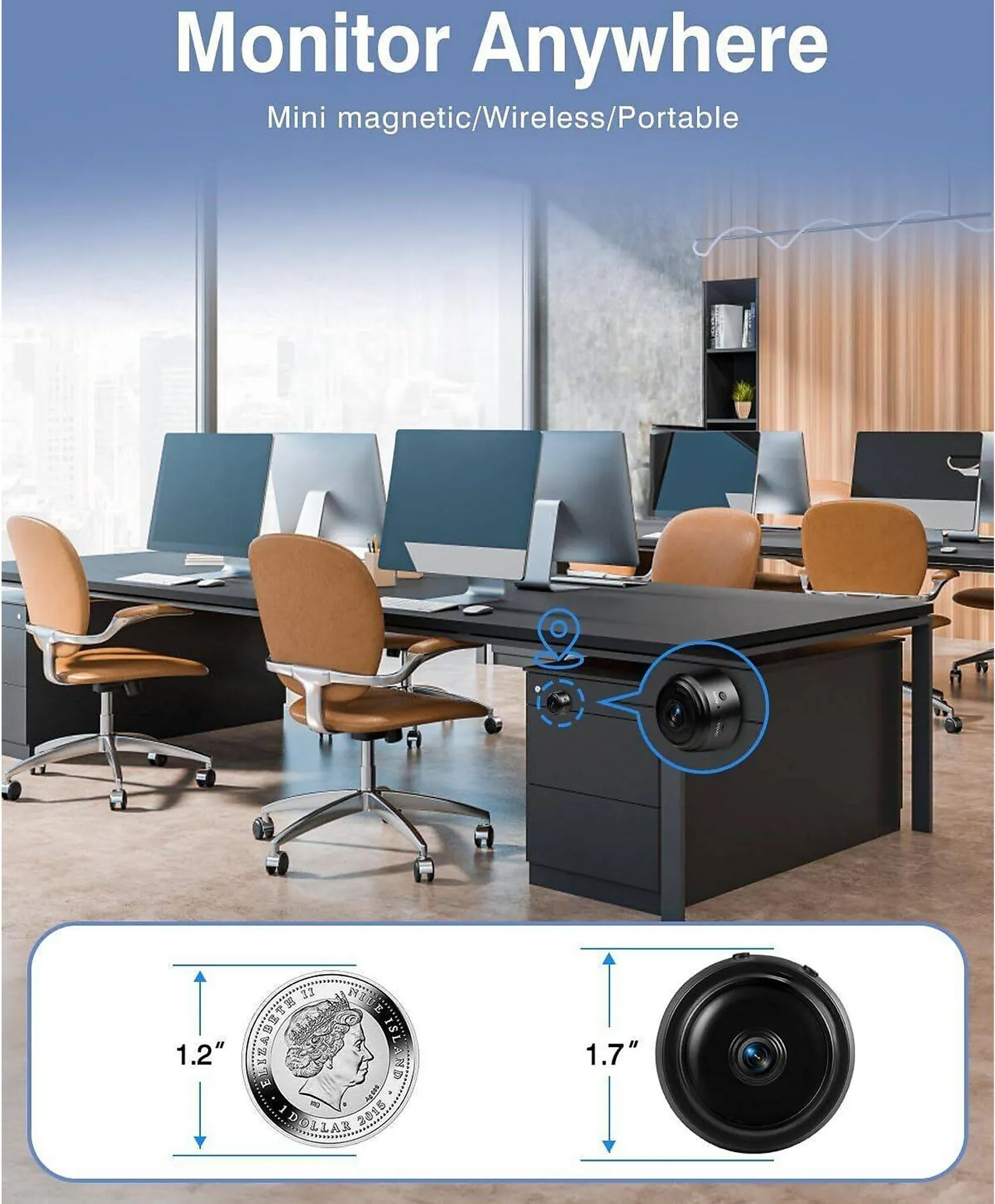 Büroszene mit Schreibtischen, Computern, Stühlen und einer kleinen schwarzen Kamera. Text: 'Monitor Anywhere' und 'Mini magnetic/Wireless/Portable'.
