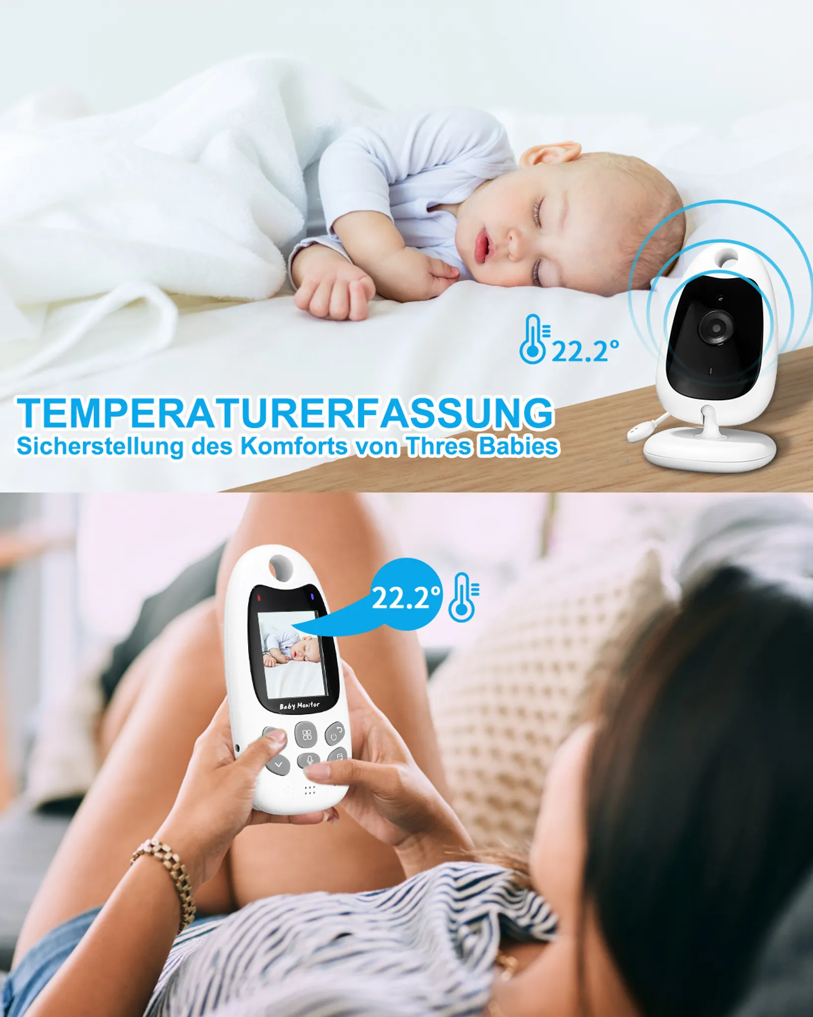 Ein Baby schläft auf einem Bett. Ein Babyphone zeigt das Baby an. Die Temperatur wird mit 22,2 Grad angezeigt.