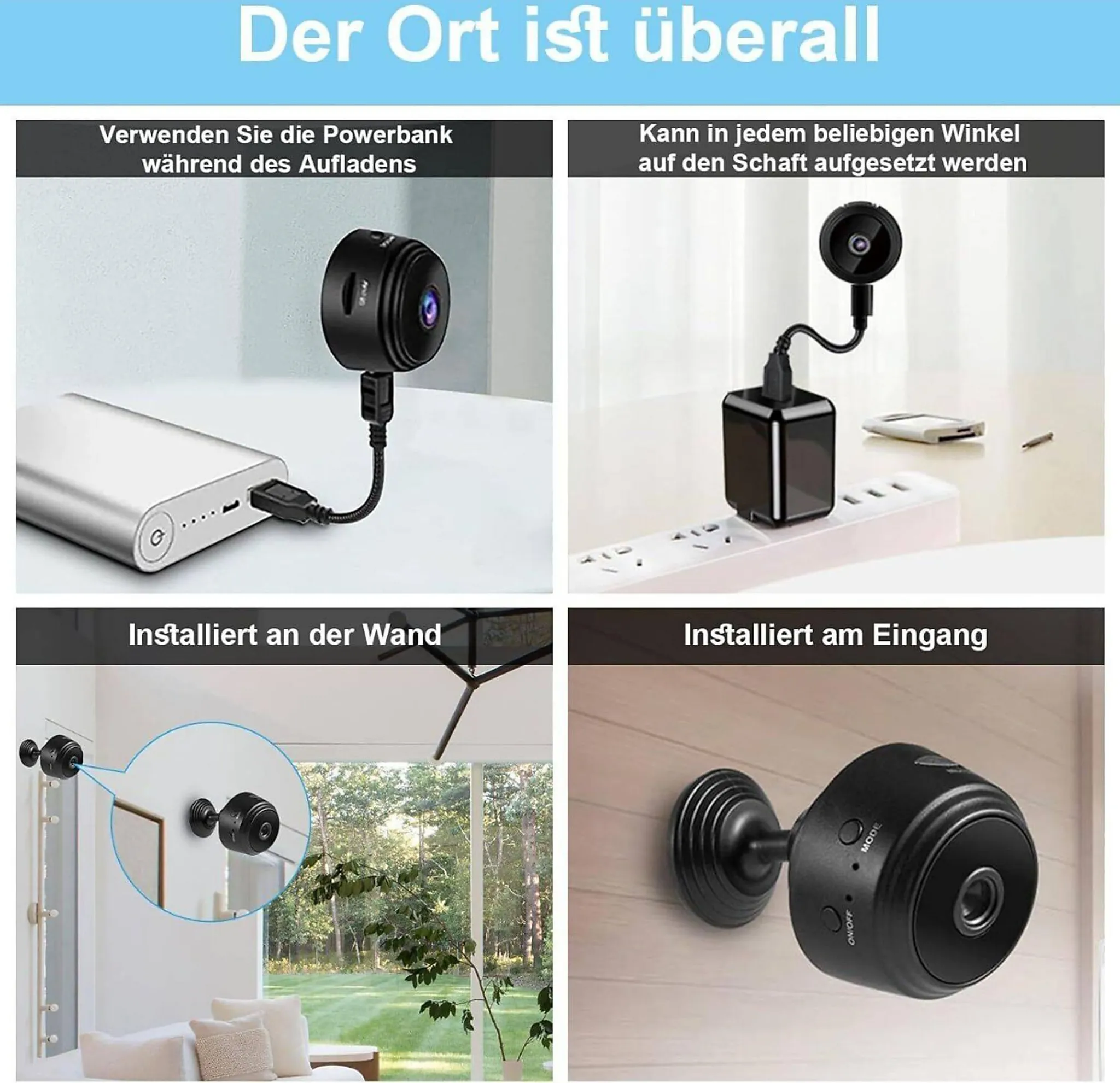 Das Bild zeigt eine schwarze Überwachungskamera mit verschiedenen Installationsoptionen. Die Kamera ist kompakt und rund.