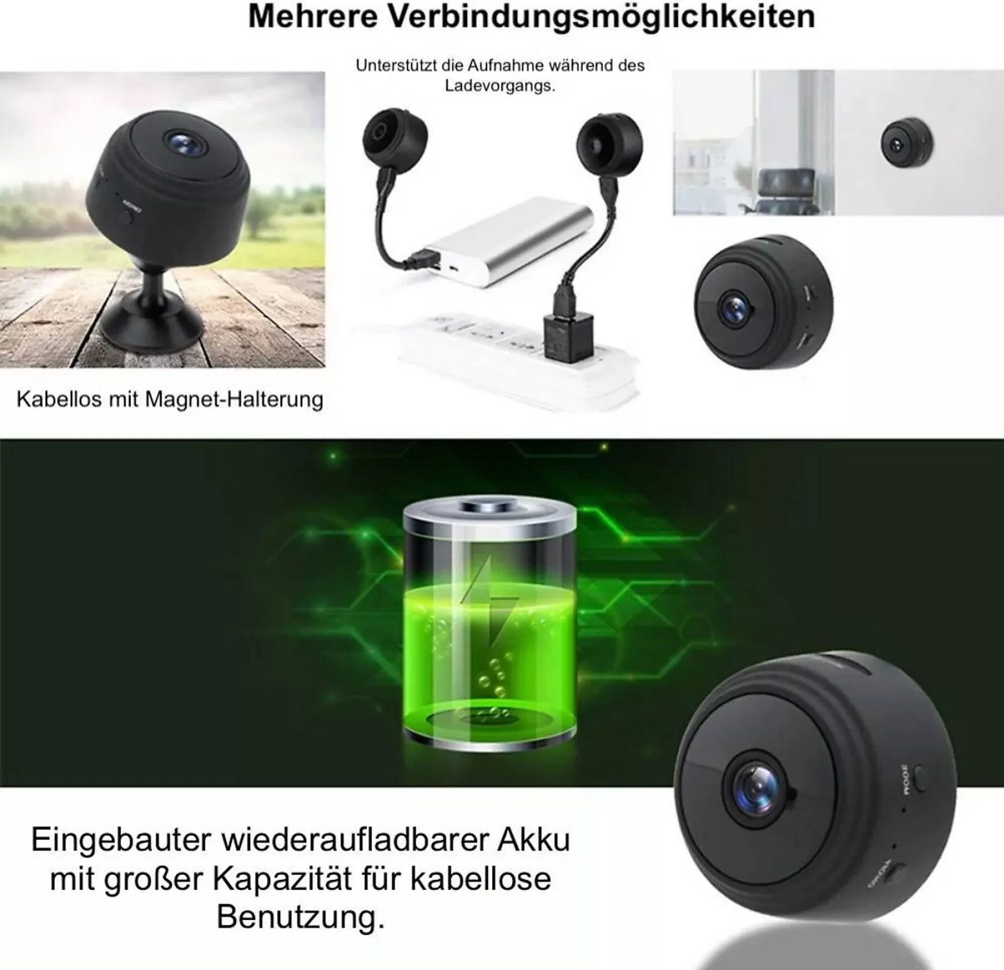 Das Bild zeigt mehrere Minikameras. Das Bild beschreibt Funktionen wie kabellose Nutzung und einen eingebauten Akku.