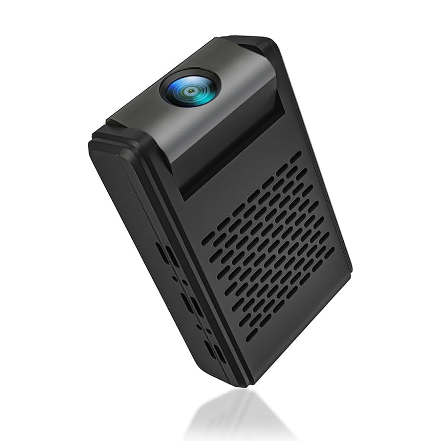Kleine schwarze Kamera mit Linse oben. Sie hat eine perforierte Frontplatte und ein schlankes, modernes Design.