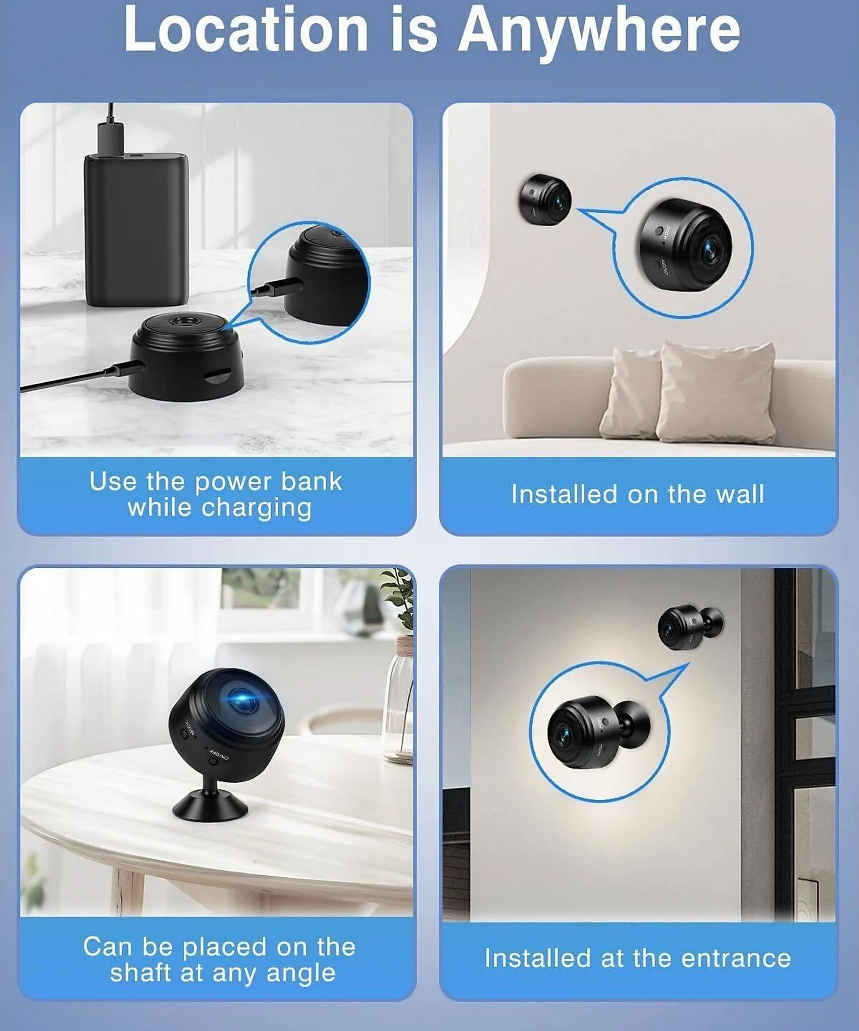 Das Bild zeigt eine kleine schwarze Kamera. Sie kann überall verwendet werden, z. B. zum Aufladen mit einer Powerbank, an der Wand oder auf einem Tisch.