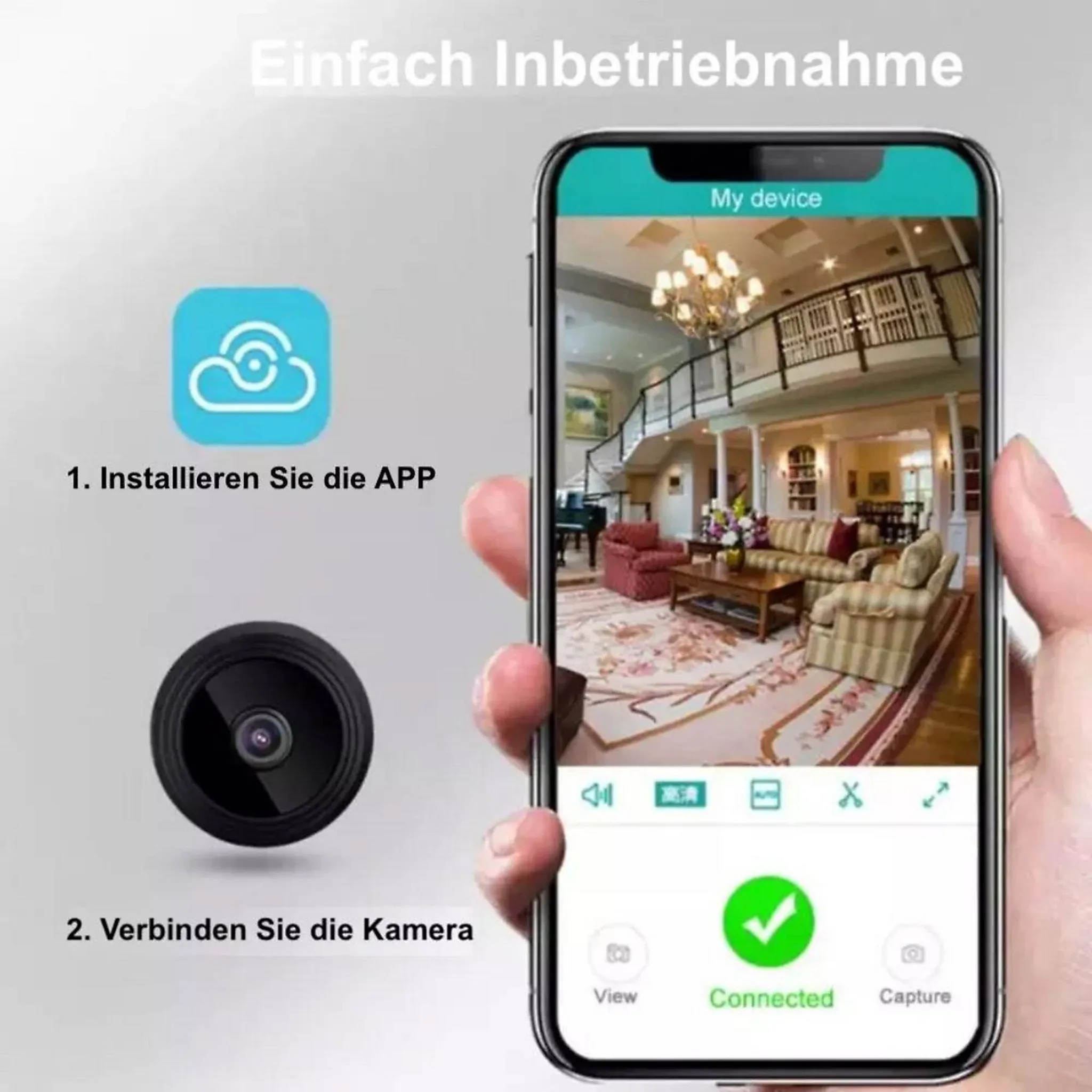 Ein Telefon zeigt ein Hausinterieur, eine kleine Kamera und ein App-Cloud-Symbol mit deutschen Einrichtungsanweisungen.